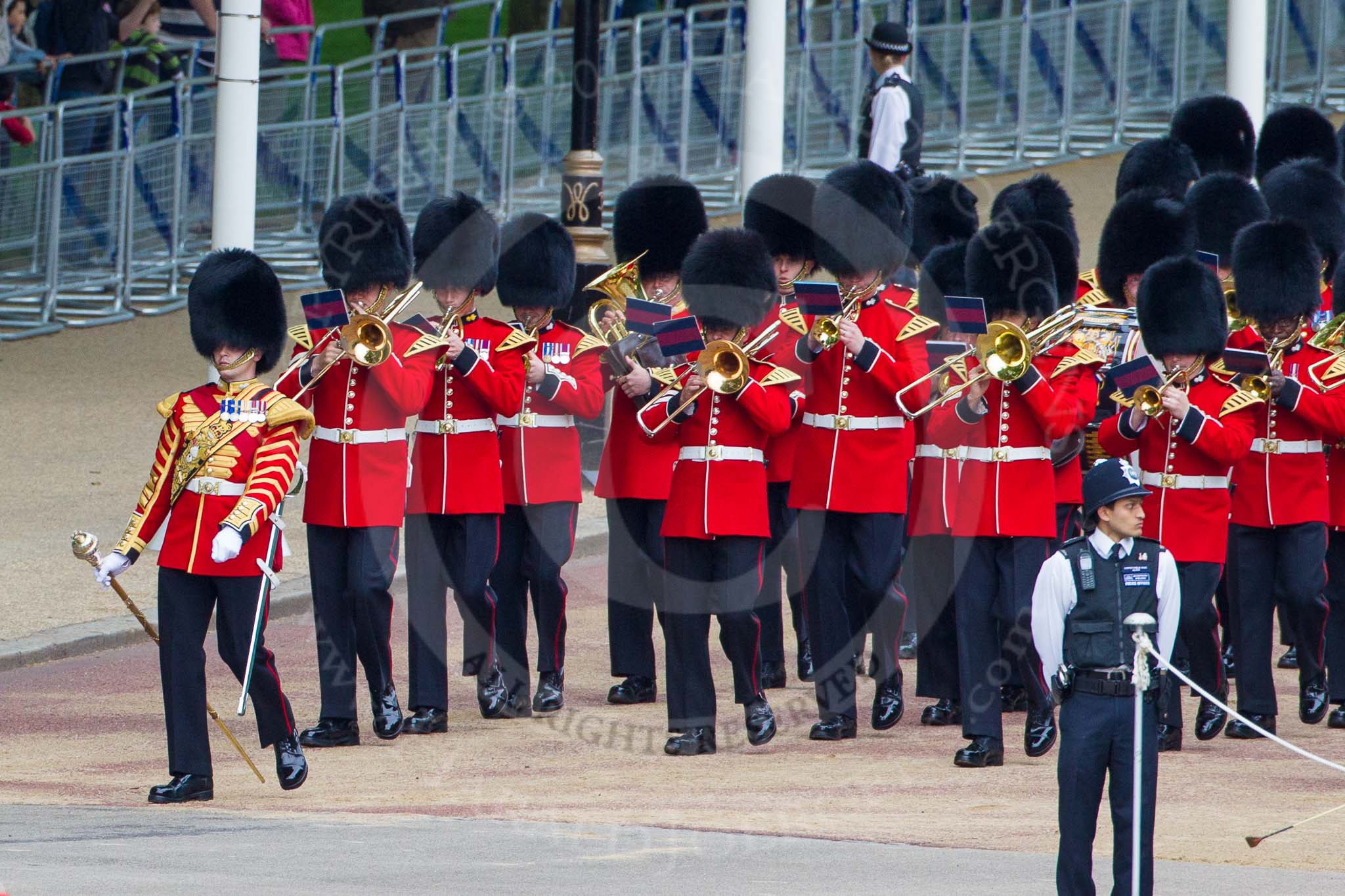 Major General's Review 2013: Drum Major D P Thomas, Grenadier Guards, leading the Band of the Grenadier Guards onto Horse Guards Parade..
Horse Guards Parade, Westminster,
London SW1,

United Kingdom,
on 01 June 2013 at 10:26, image #89