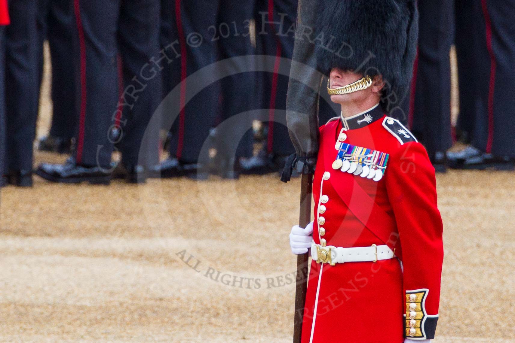 Major General's Review 2013: The Colour Party has reached their position on Horse Guards Parade - Colour Sergeant R J Heath, Welsh Guards, carrying the Colour..
Horse Guards Parade, Westminster,
London SW1,

United Kingdom,
on 01 June 2013 at 10:31, image #119