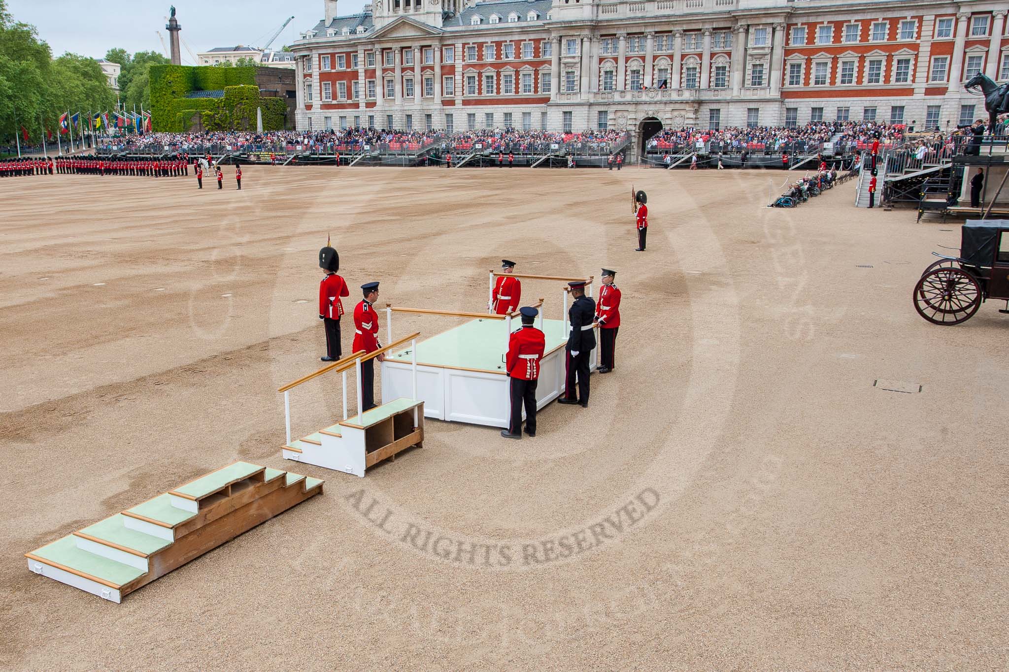 Major General's Review 2013: The dais, the saluting platform for HM The Queen, is moved into place in front of Horse Guards Arch, after the carriages have passed..
Horse Guards Parade, Westminster,
London SW1,

United Kingdom,
on 01 June 2013 at 10:52, image #210