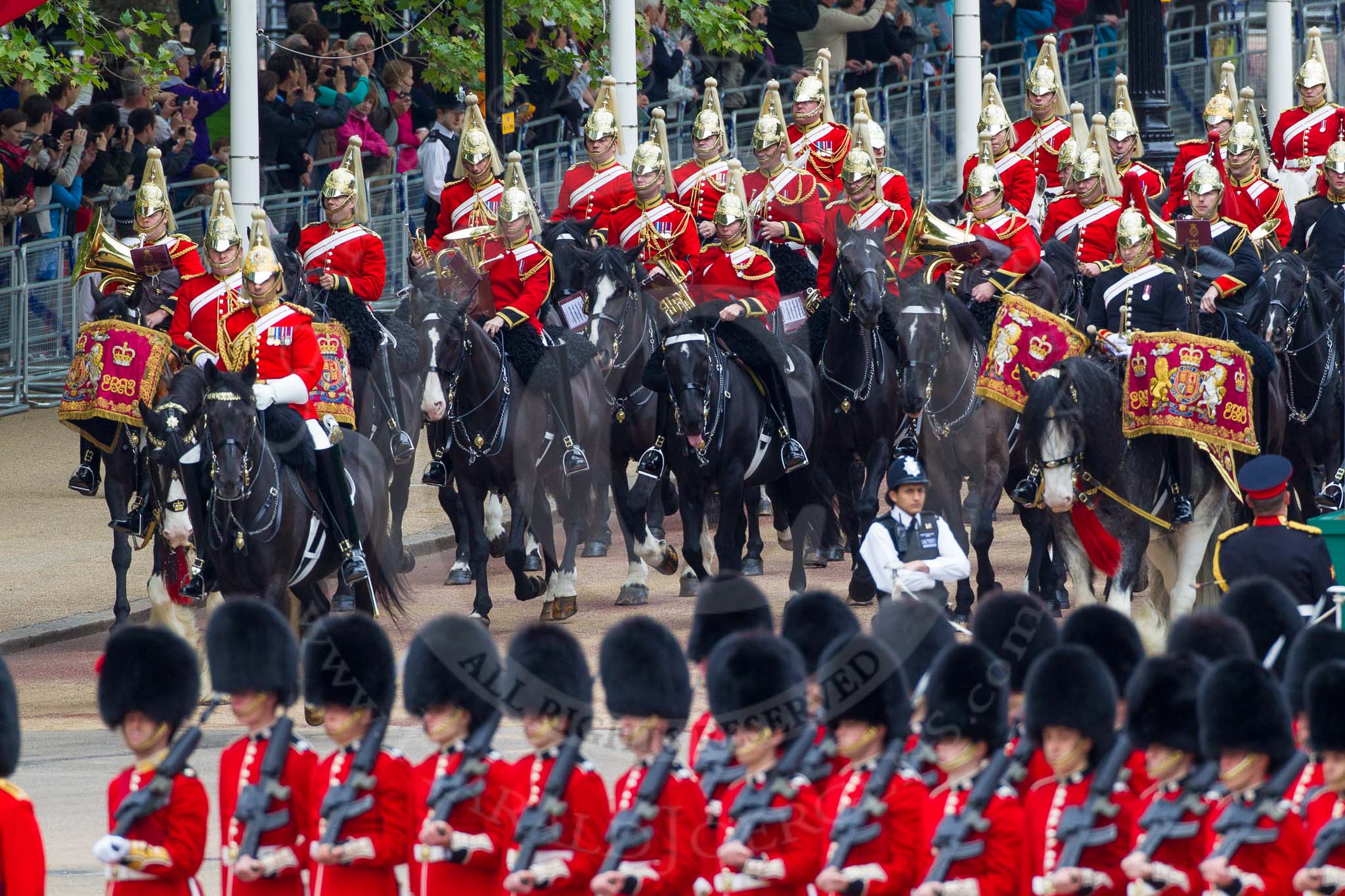 Major General's Review 2013: The Mounted Bands of the Household Cavalry are marching down Horse Guards Road as the third element of the Royal Procession..
Horse Guards Parade, Westminster,
London SW1,

United Kingdom,
on 01 June 2013 at 10:56, image #227