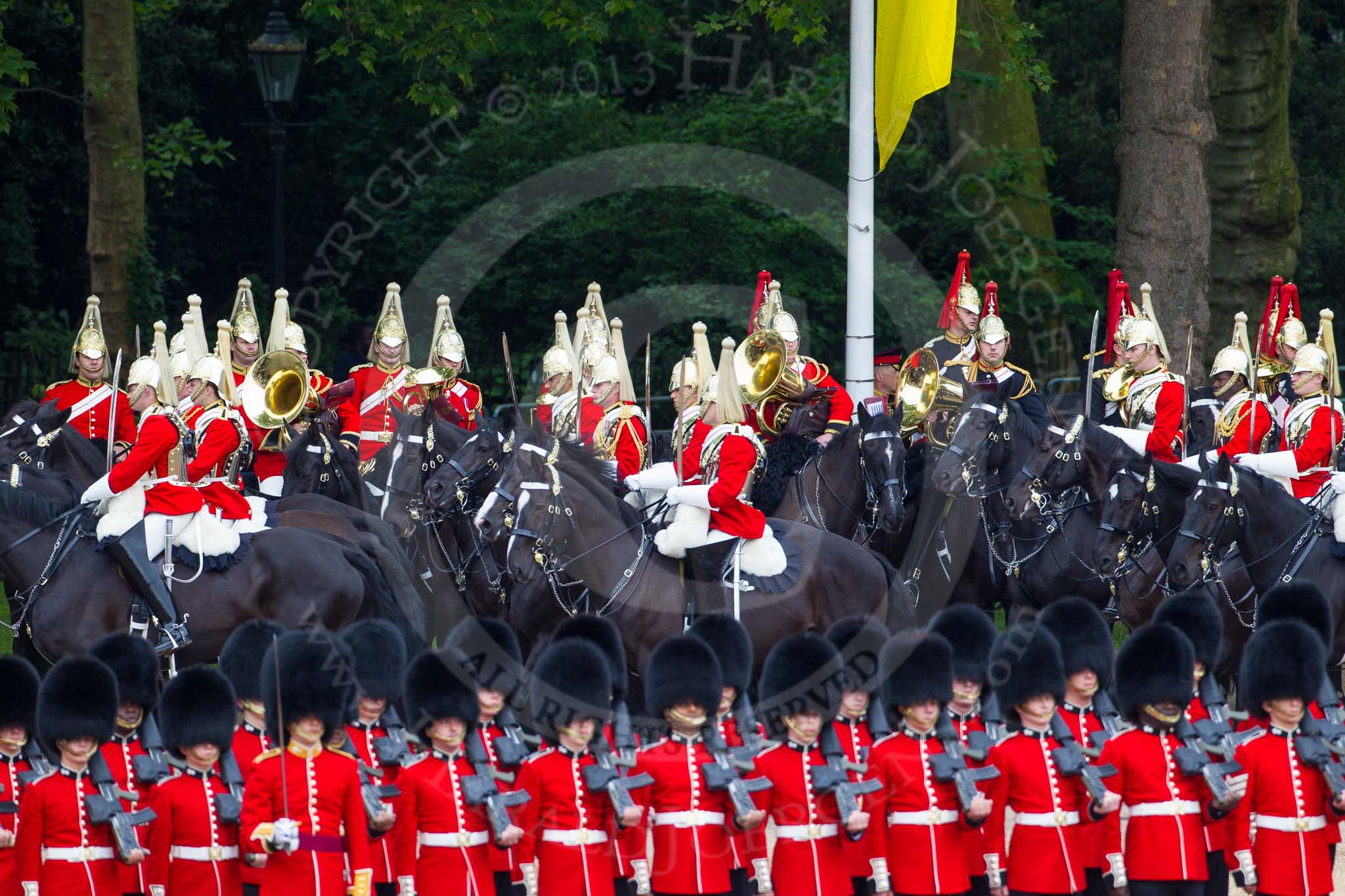 Major General's Review 2013: Next in the Royal Procession are the First and Second Division of the Sovereign's Escort, The Life Guards, here riding down Horse Guards Road passing The Mounted Bands of the Household Cavalry..
Horse Guards Parade, Westminster,
London SW1,

United Kingdom,
on 01 June 2013 at 10:58, image #236