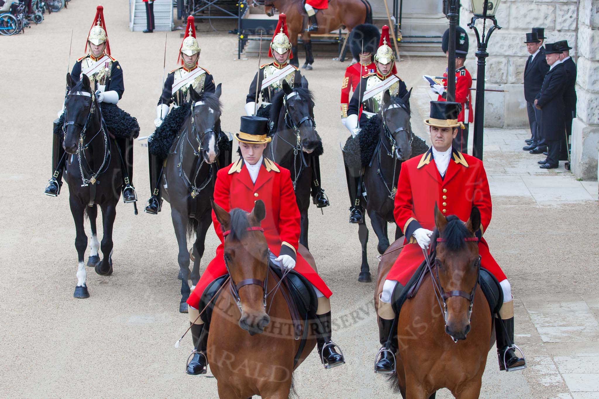 Major General's Review 2013: Two Grooms, The Royal Household followed by Four Troopers of The Blue and Royals (Royal Horse Guards and 1st Dragoons)..
Horse Guards Parade, Westminster,
London SW1,

United Kingdom,
on 01 June 2013 at 11:02, image #284