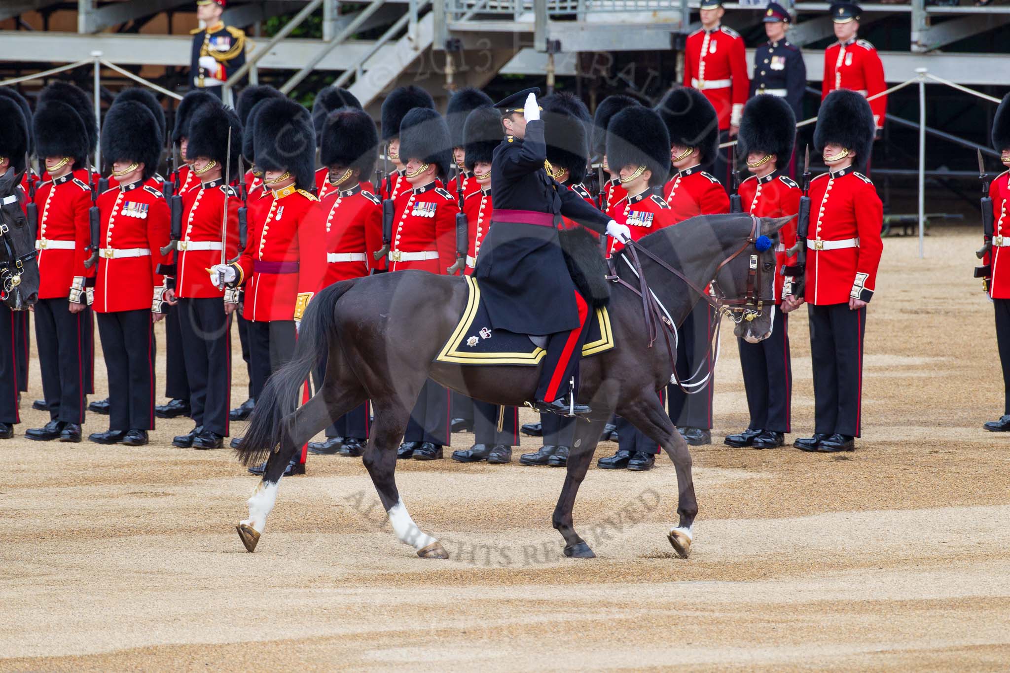 Major General's Review 2013: The head of the Royal Procession during the Inspection of the Line - Bridge Major Household Division Lieutenant Colonel S G Soskin,Grendier Guards followed by four tropper of The Life Guards..
Horse Guards Parade, Westminster,
London SW1,

United Kingdom,
on 01 June 2013 at 11:02, image #288