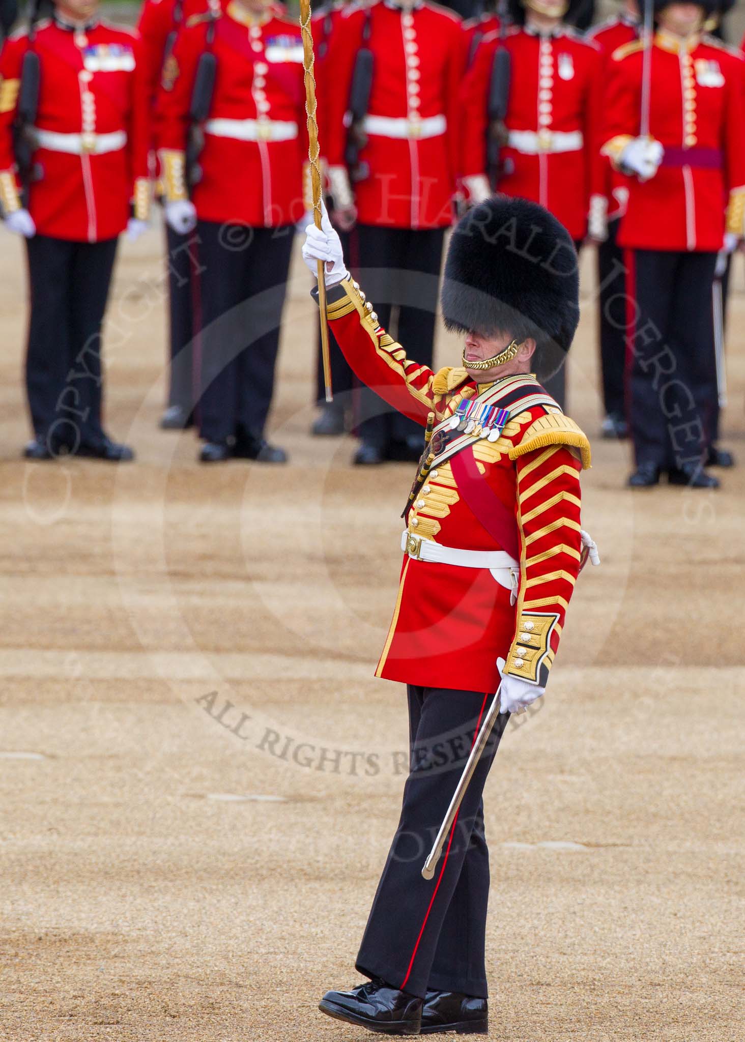 Major General's Review 2013: Drum Major Tony Taylor, Coldstream Guards, leading the Band of the Irish Guards..
Horse Guards Parade, Westminster,
London SW1,

United Kingdom,
on 01 June 2013 at 11:10, image #322