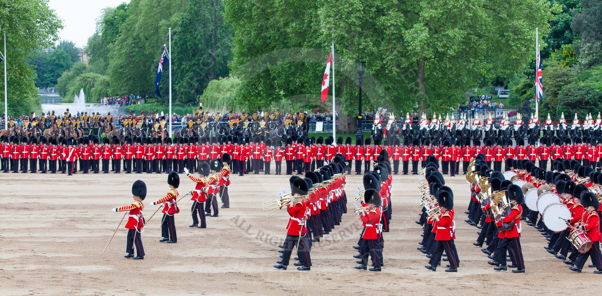 Major General's Review 2013: The Massed Band Troop - the final stages of the countermarch. No. 1 Guard, the Escort for the Colour, is to the right of the musicians. Behind them The King's Troop Royal Horse Artillery.First and Second Divisions of the Sovereign's Escort, Household Cavalry behind No.2 Guard..
Horse Guards Parade, Westminster,
London SW1,

United Kingdom,
on 01 June 2013 at 11:11, image #337