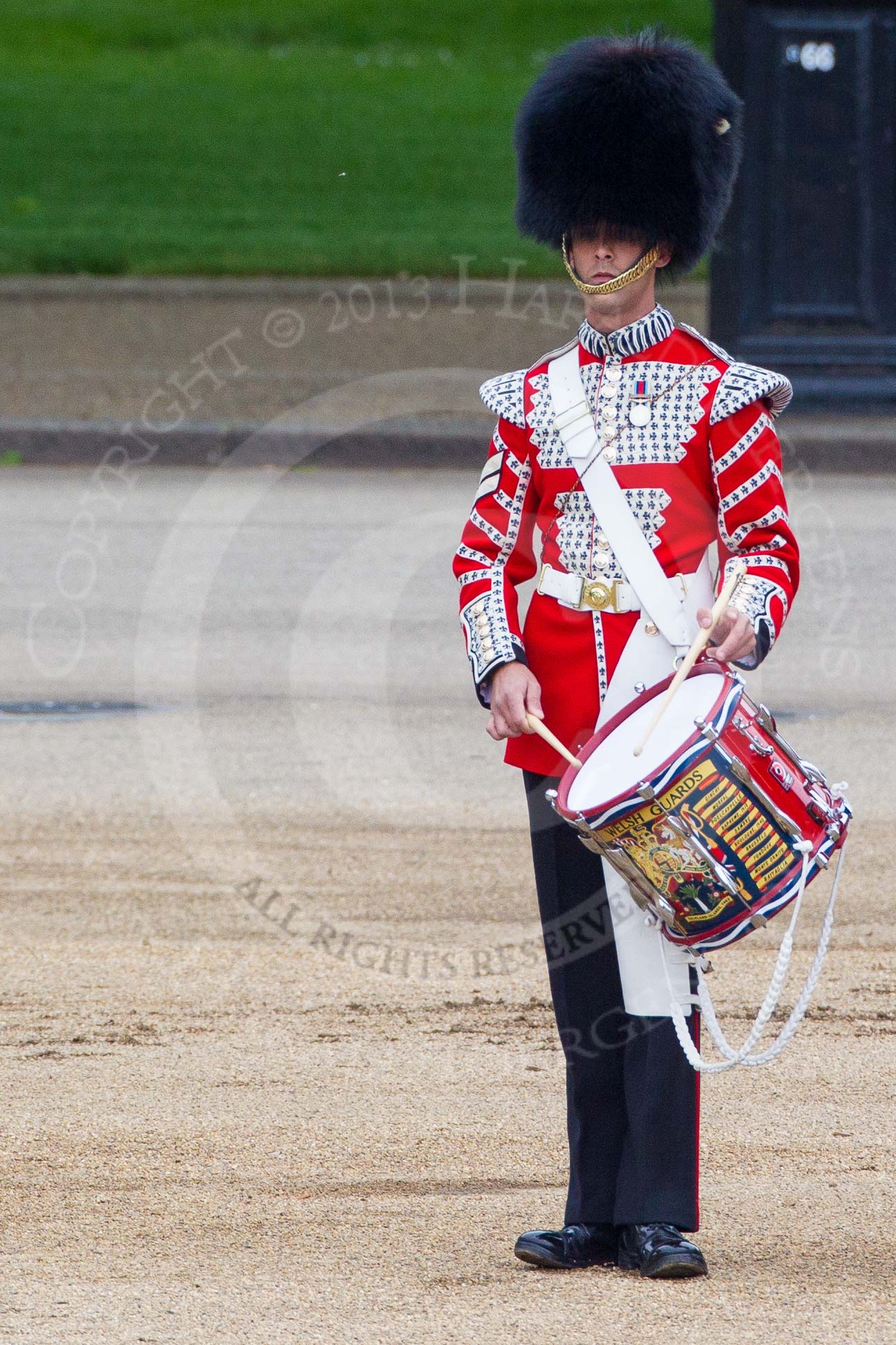 Major General's Review 2013: The "Lone Drummer", Lance Corporal Christopher Rees, starts playing the Drummer's Call..
Horse Guards Parade, Westminster,
London SW1,

United Kingdom,
on 01 June 2013 at 11:14, image #358