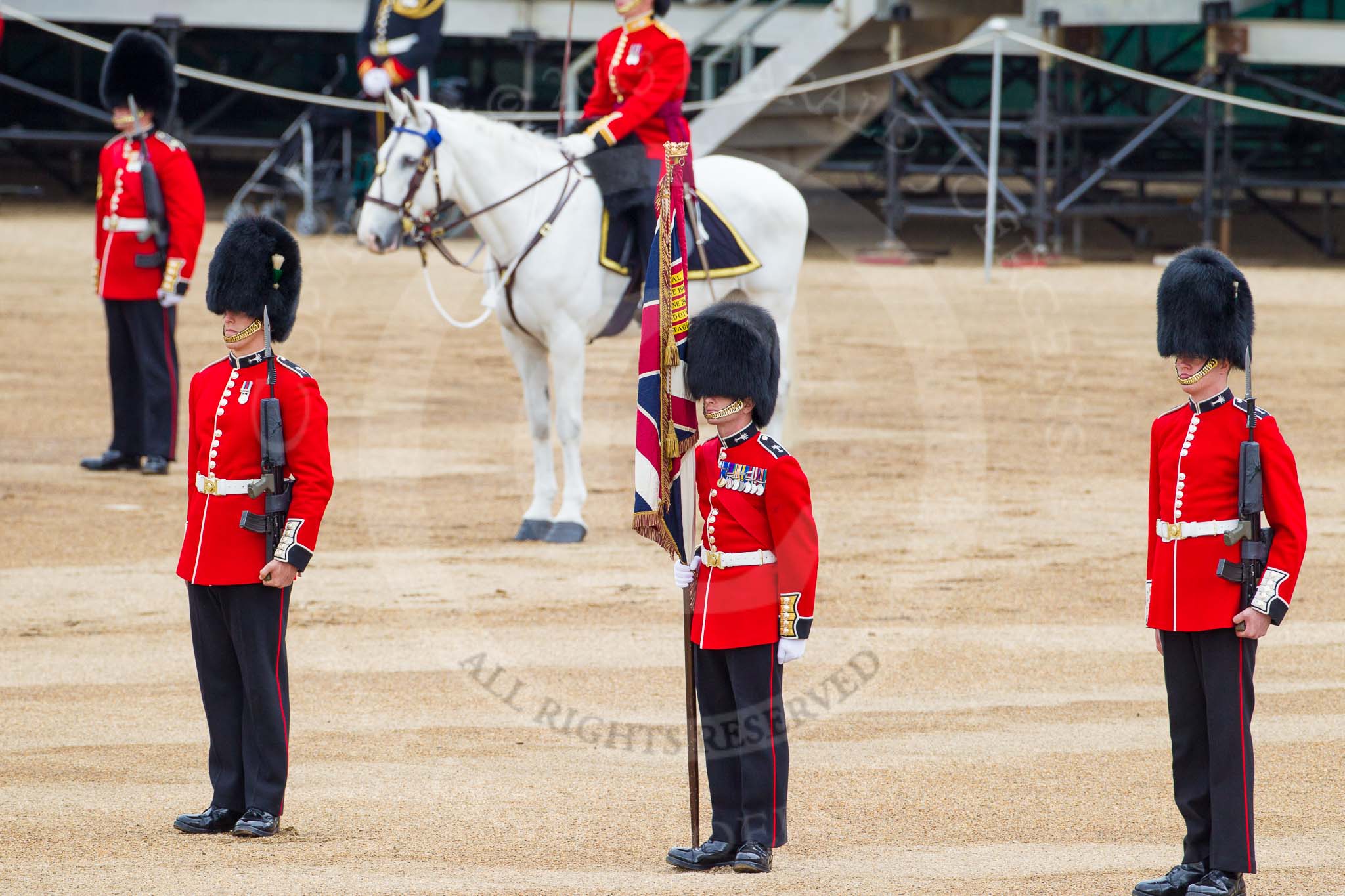 Major General's Review 2013: About to hand over the Colour - Colour Sergeant R J Heath, Welsh Guards, with the two (unfortunately unnamed) sentries..
Horse Guards Parade, Westminster,
London SW1,

United Kingdom,
on 01 June 2013 at 11:15, image #370