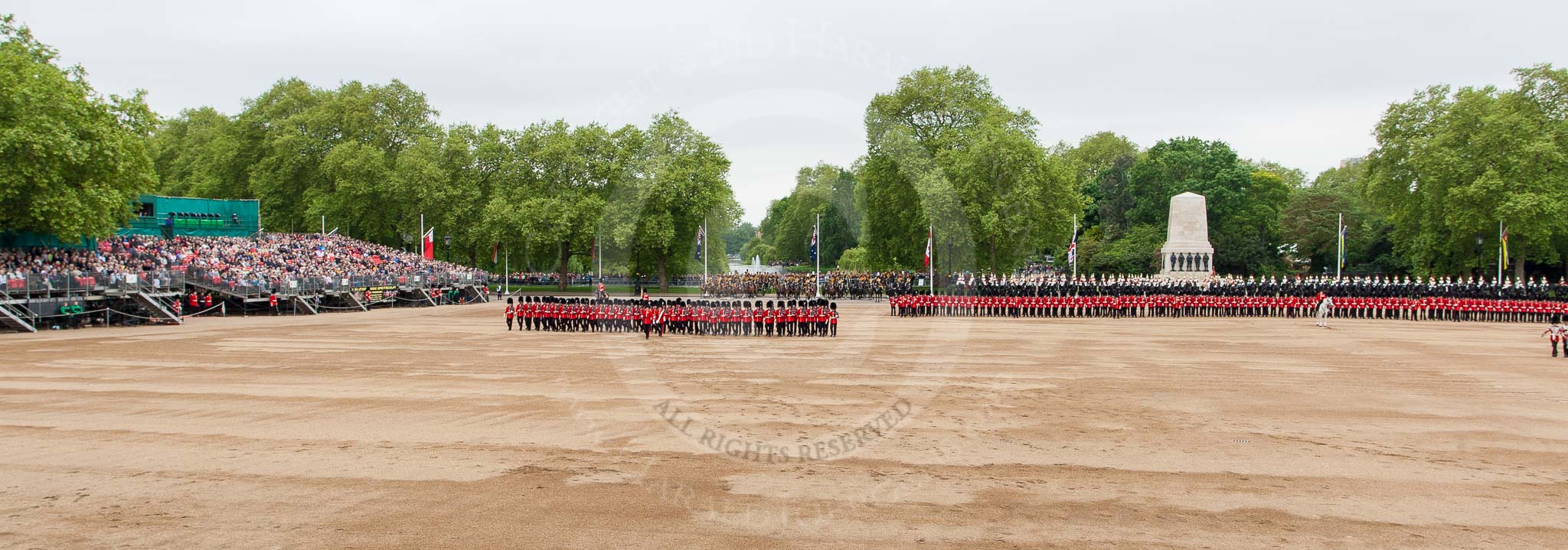 Major General's Review 2013: A wide angle overview of Horse Guards Parade. on the left, No. 1 Guard (Escort for the Colour),1st Battalion Welsh Guards is moving forward to receive the Colour..
Horse Guards Parade, Westminster,
London SW1,

United Kingdom,
on 01 June 2013 at 11:16, image #372