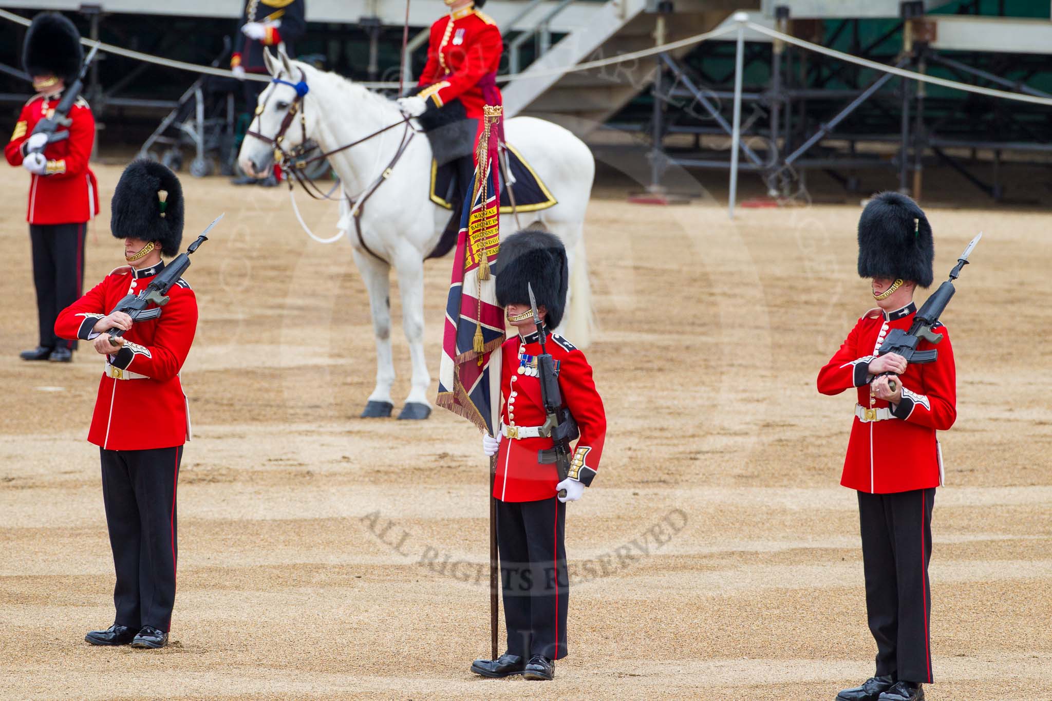 Major General's Review 2013: Colour Sergeant R J Heath, Welsh Guards, with the two (unfortunately unnamed) sentries..
Horse Guards Parade, Westminster,
London SW1,

United Kingdom,
on 01 June 2013 at 11:18, image #387