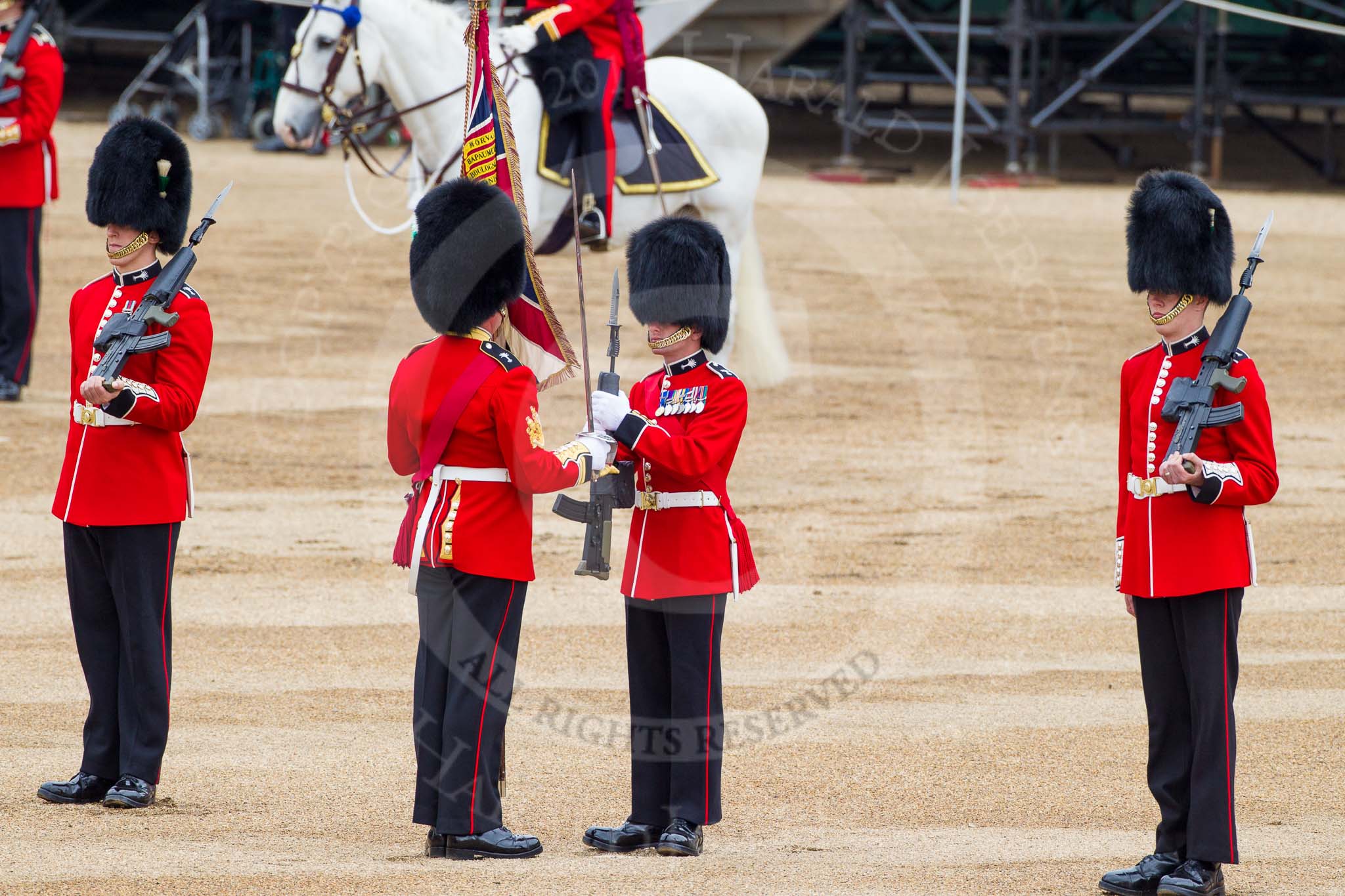 Major General's Review 2013: The Colour has been handed over from Colour Sergeant R J Heath, Welsh Guard to the Regimental Sergeant Major, WO1 Martin Topps, Welsh Guards. He now presents the Colour to the Ensign, Ensign, Second Lieutenant Joel Dinwiddle..
Horse Guards Parade, Westminster,
London SW1,

United Kingdom,
on 01 June 2013 at 11:18, image #394
