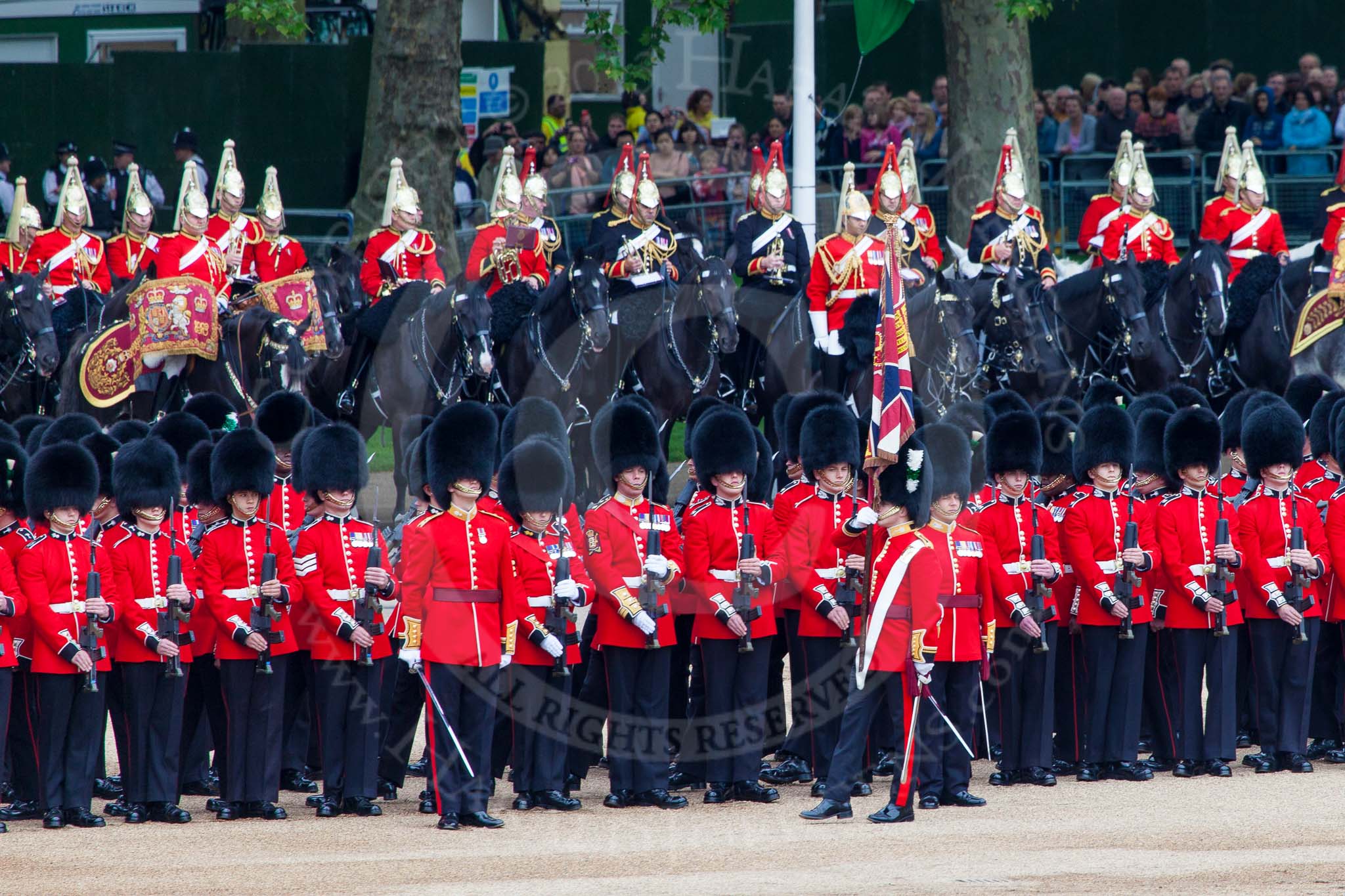 Major General's Review 2013: The Escort to the Colour troops the Colour past No. 5 Guard, F Company Scots Guards..
Horse Guards Parade, Westminster,
London SW1,

United Kingdom,
on 01 June 2013 at 11:24, image #429