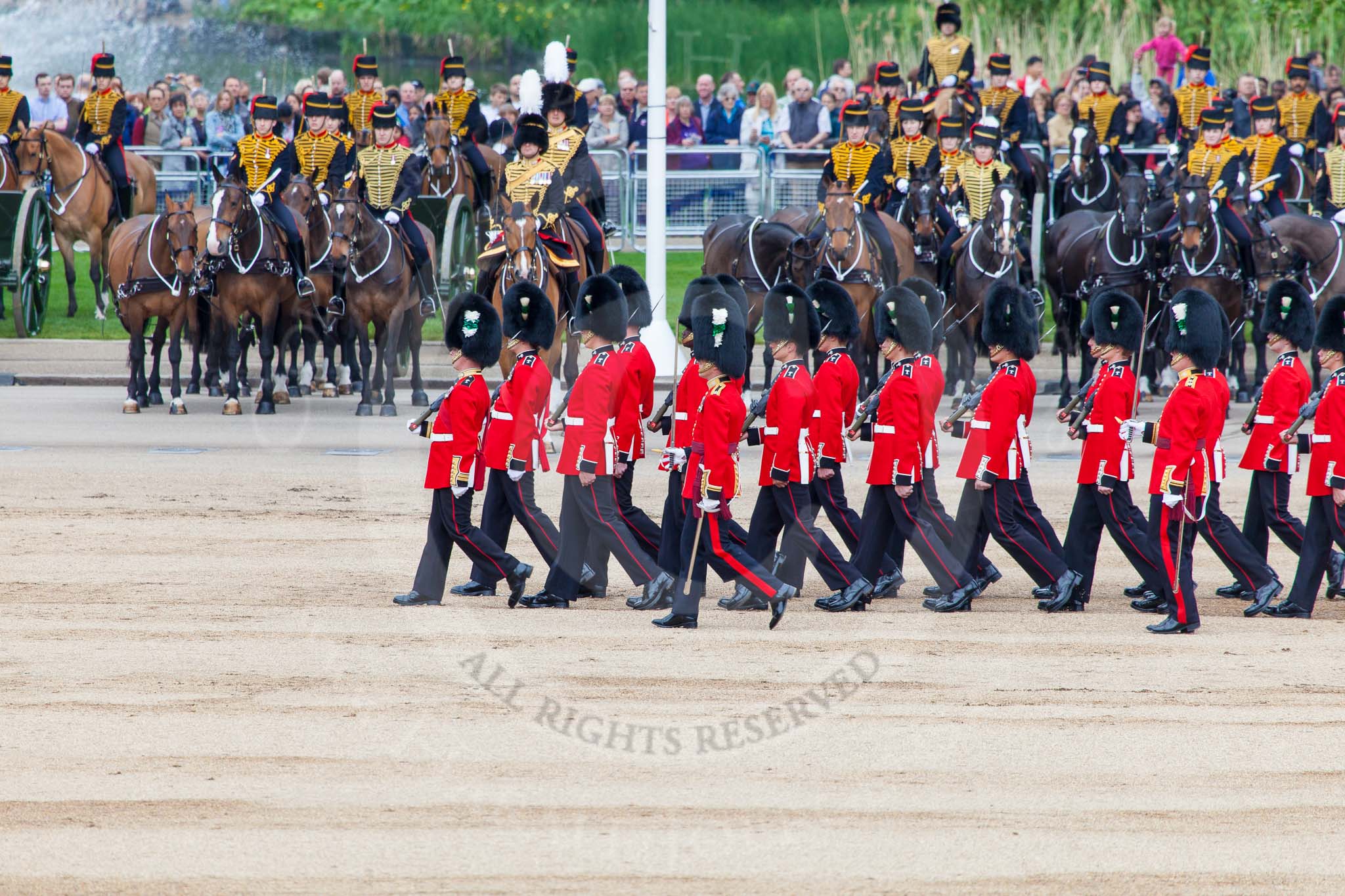 Major General's Review 2013: The Escort to the Colour has trooped the Colour past No. 2 Guard, 1st Battalion Welsh Guards, and is now almost back to their initial position, when they were the Escort for the Colour..
Horse Guards Parade, Westminster,
London SW1,

United Kingdom,
on 01 June 2013 at 11:25, image #438