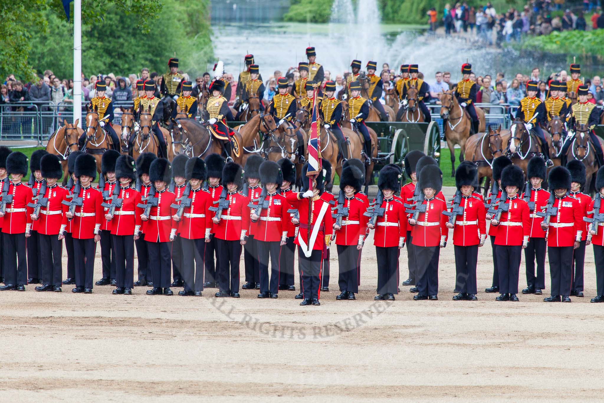 Major General's Review 2013: The Ensign, Second Lieutenant Joel Dinwiddle, and the Escort to the Colour,are back at their initial position, when they were the Escort for the Colour..
Horse Guards Parade, Westminster,
London SW1,

United Kingdom,
on 01 June 2013 at 11:26, image #444