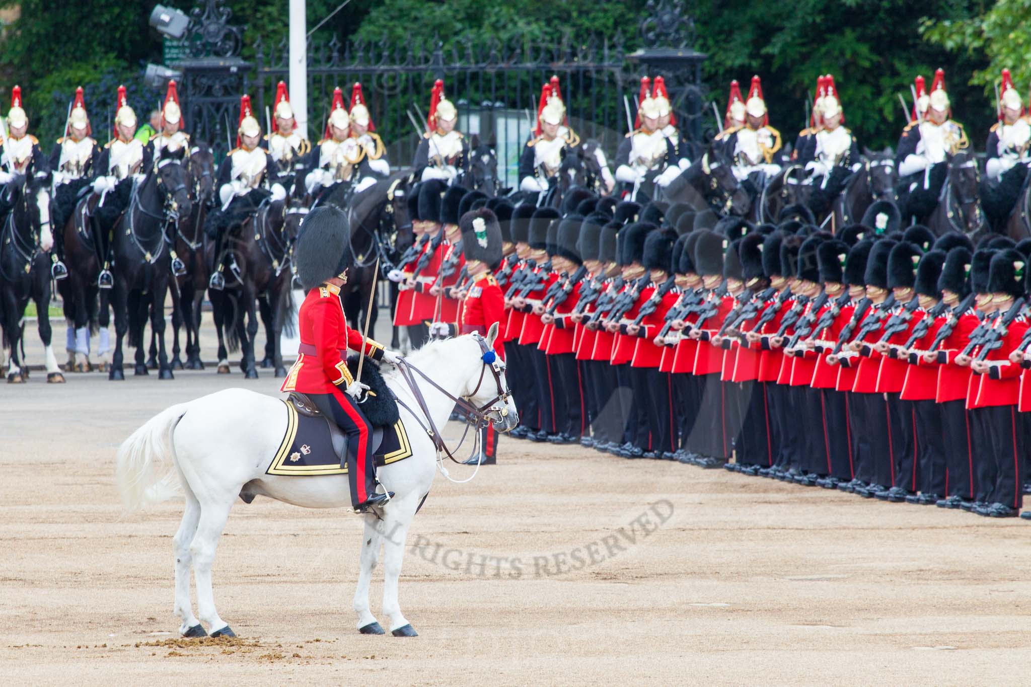 Major General's Review 2013: The Field Officer, in front of No. 2 Guard, 1st Battalion Welsh Guards, is about to inform HM The Queen that the troops are ready for the March Past..
Horse Guards Parade, Westminster,
London SW1,

United Kingdom,
on 01 June 2013 at 11:29, image #450