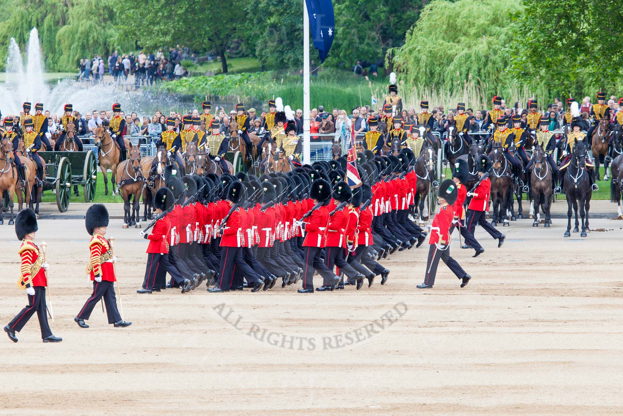 Major General's Review 2013: No. 1 Guard (Escort to the Colour),1st Battalion Welsh Guards, at the begin of the March Past..
Horse Guards Parade, Westminster,
London SW1,

United Kingdom,
on 01 June 2013 at 11:29, image #453