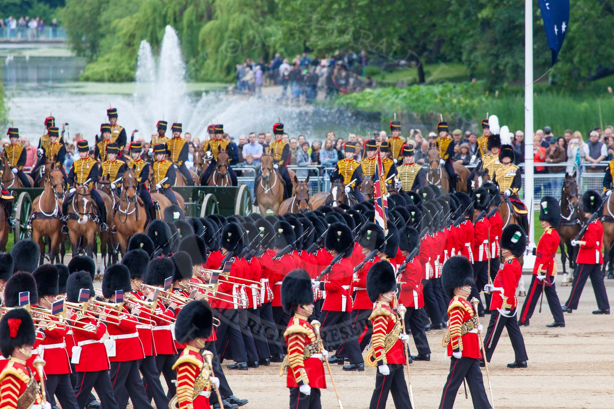 Major General's Review 2013: No. 1 Guard (Escort to the Colour),1st Battalion Welsh Guards, at the begin of the March Past..
Horse Guards Parade, Westminster,
London SW1,

United Kingdom,
on 01 June 2013 at 11:29, image #454