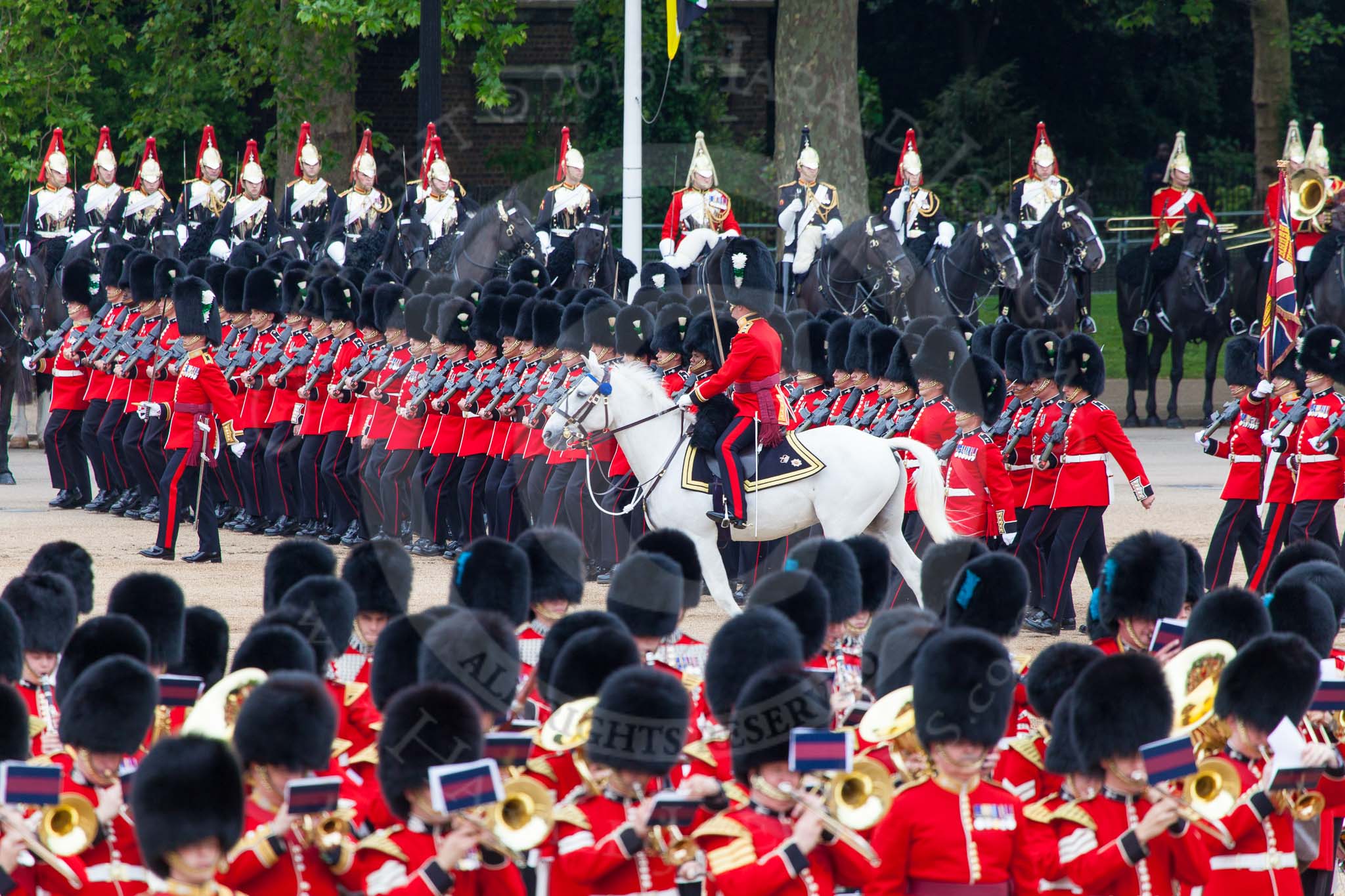 Major General's Review 2013: No. 1 Guard (Escort for the Colour),1st Battalion Welsh Guards, at the beginning of the March Past in Quick Time..
Horse Guards Parade, Westminster,
London SW1,

United Kingdom,
on 01 June 2013 at 11:39, image #522