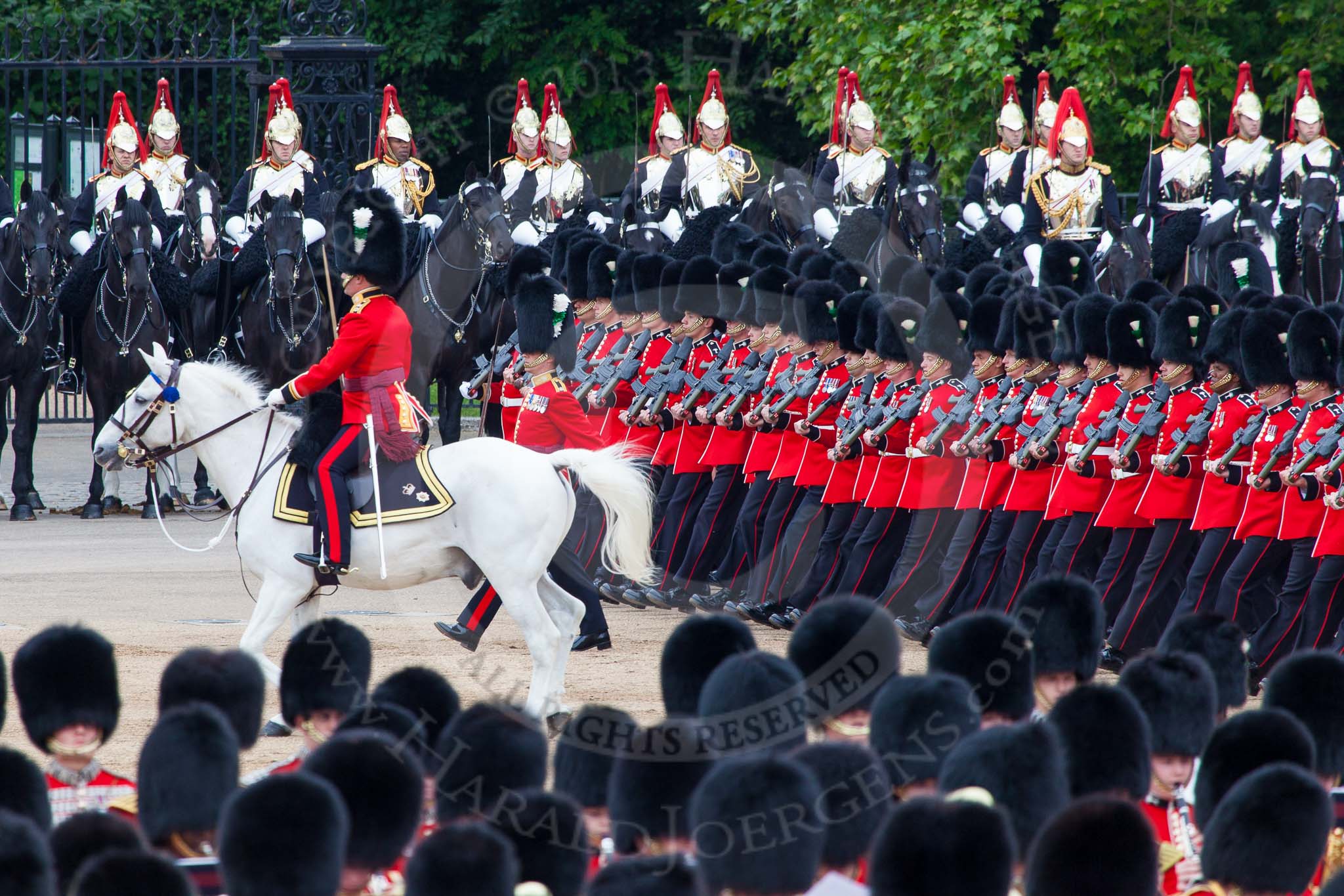 Major General's Review 2013: No. 1 Guard (Escort for the Colour),1st Battalion Welsh Guards, at the beginning of the March Past in Quick Time..
Horse Guards Parade, Westminster,
London SW1,

United Kingdom,
on 01 June 2013 at 11:39, image #523