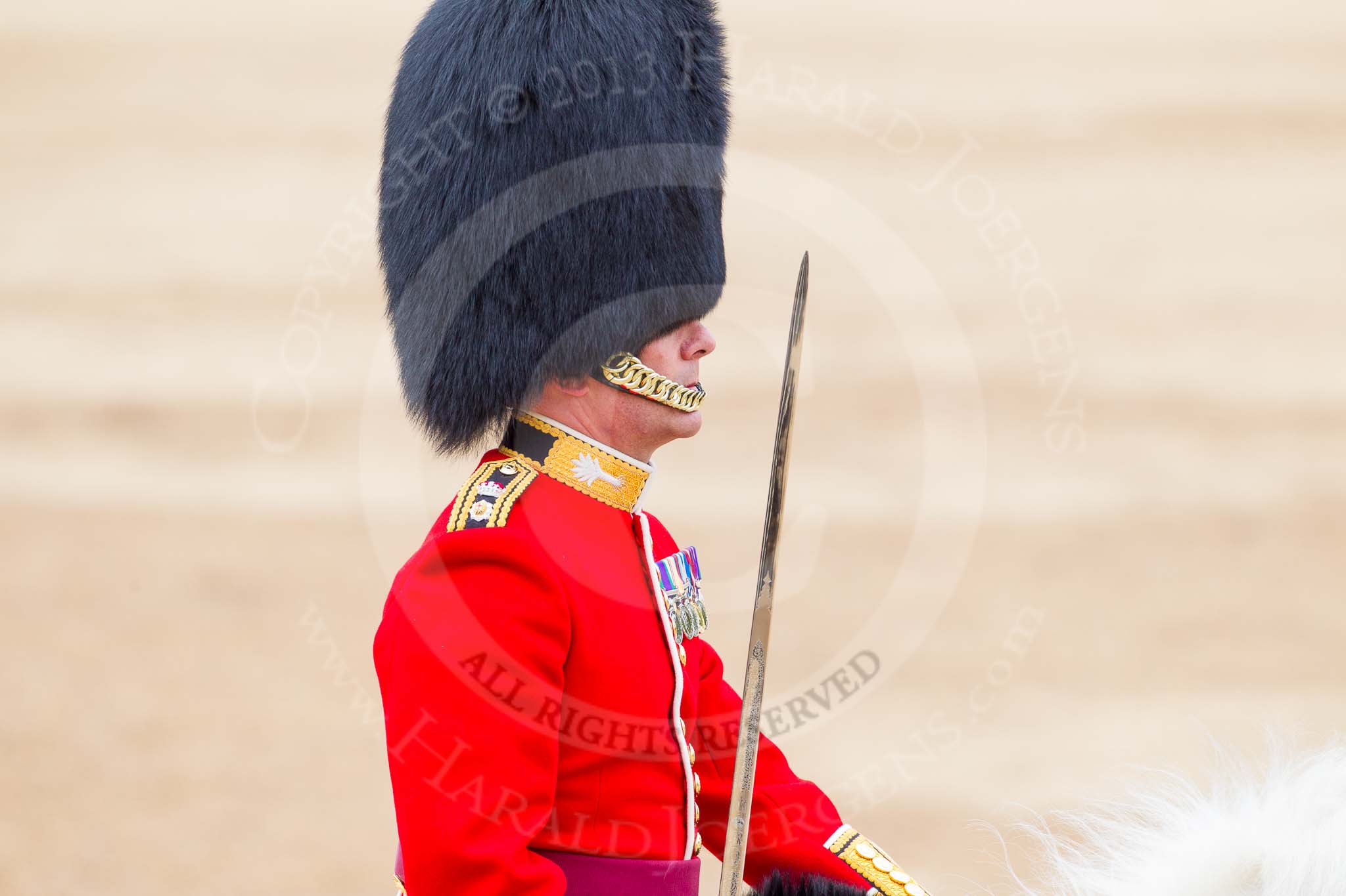 Major General's Review 2013: Field Officer in Brigade Waiting, Lieutenant Colonel Dino Bossi, Welsh Guards during the March Past in Qucik Time..
Horse Guards Parade, Westminster,
London SW1,

United Kingdom,
on 01 June 2013 at 11:42, image #543