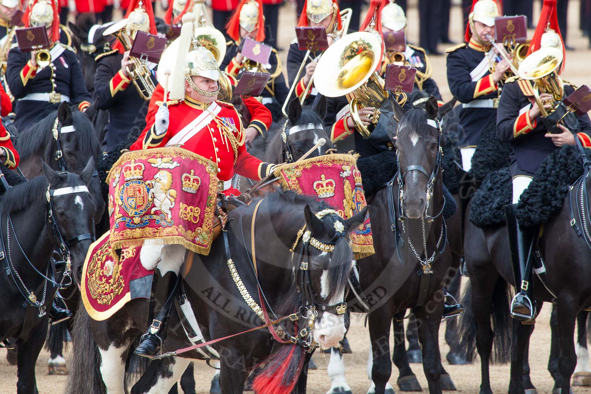 Major General's Review 2013: The Mounted Bands of the Household Cavalry during the Ride Past, with the kettle drummer from The Life Guards..
Horse Guards Parade, Westminster,
London SW1,

United Kingdom,
on 01 June 2013 at 11:54, image #636