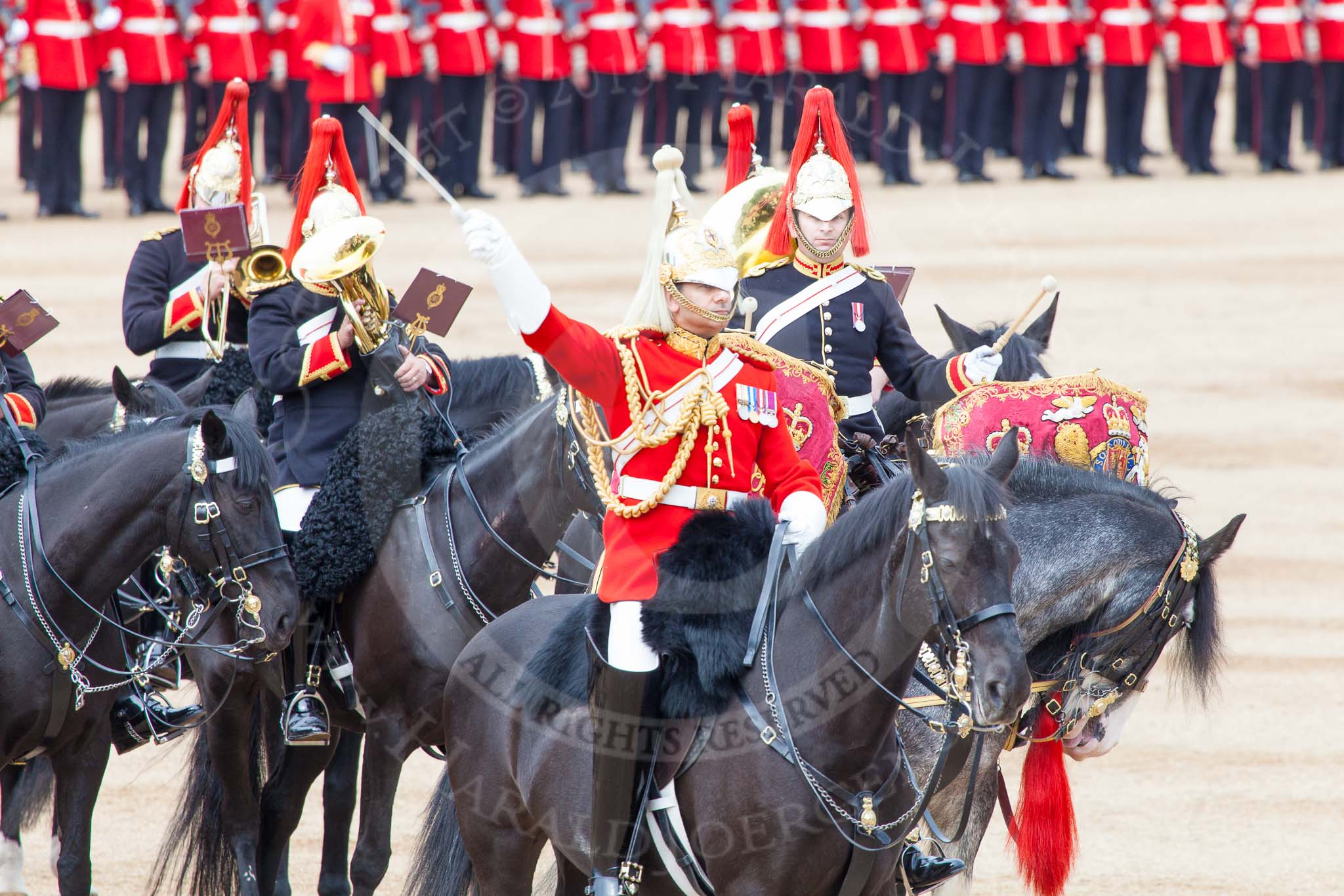 Major General's Review 2013: The Mounted Bands of the Household Cavalry during the Ride Past. The Director of Music of the Household Cavalry, Major Paul Wilman, The Life Guards..
Horse Guards Parade, Westminster,
London SW1,

United Kingdom,
on 01 June 2013 at 11:54, image #637