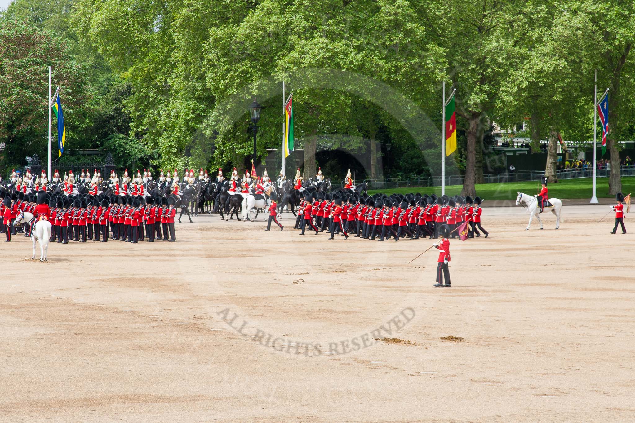 Major General's Review 2013: The Household Cavalry is marching off, led by the Field Officer of the Escort, Major Nick Stewart, The Life Guards, followed by the Trumpeter, Standard Bearer, Standard Coverer. and The Life Guards as first and second divisions of the Sovereign's Escort..
Horse Guards Parade, Westminster,
London SW1,

United Kingdom,
on 01 June 2013 at 12:03, image #688