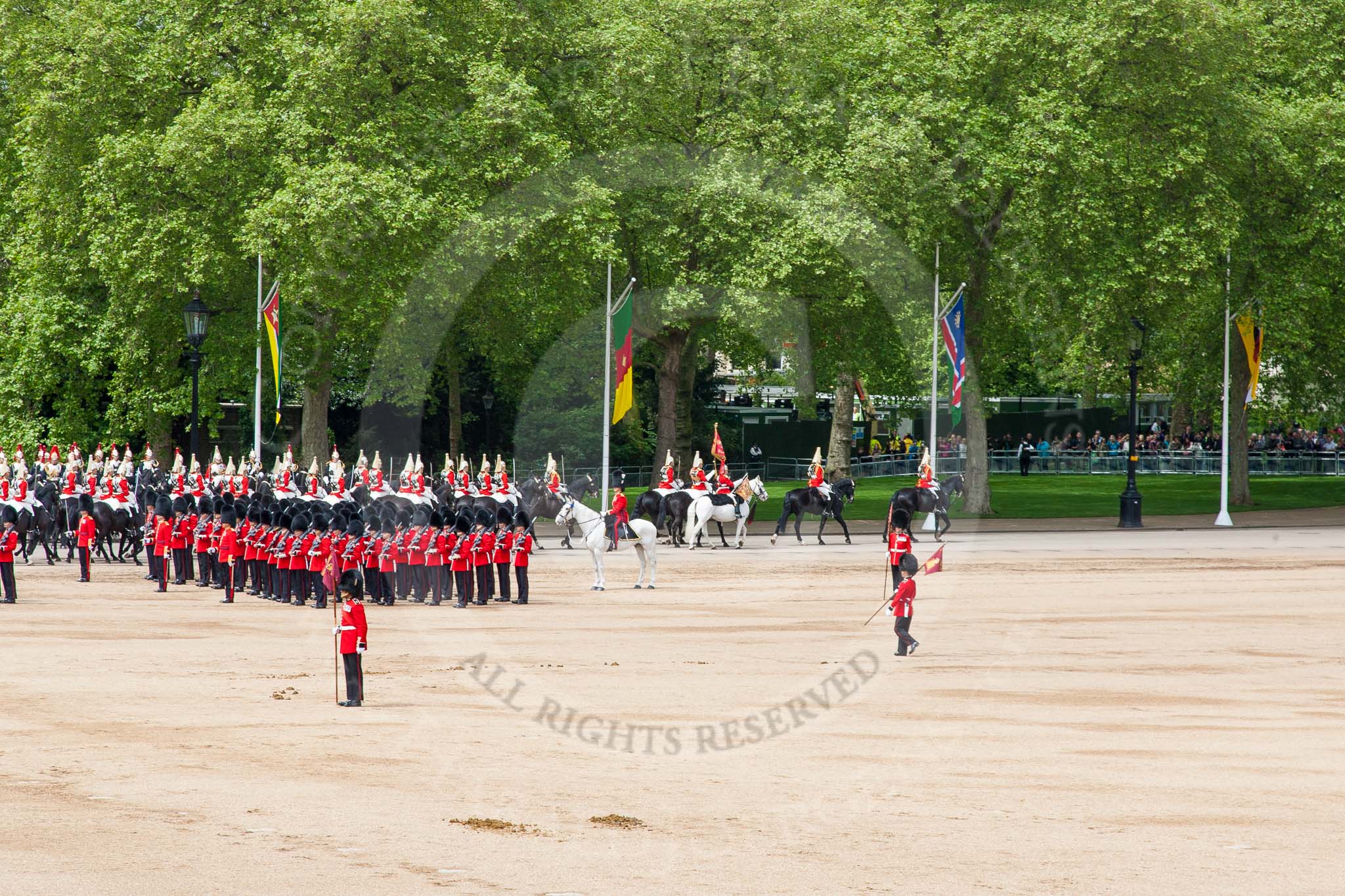 Major General's Review 2013: The Household Cavalry is marching off, led by the Field Officer of the Escort, Major Nick Stewart, The Life Guards, followed by the Trumpeter, Standard Bearer, Standard Coverer. and The Life Guards as first and second divisions of the Sovereign's Escort..
Horse Guards Parade, Westminster,
London SW1,

United Kingdom,
on 01 June 2013 at 12:03, image #689