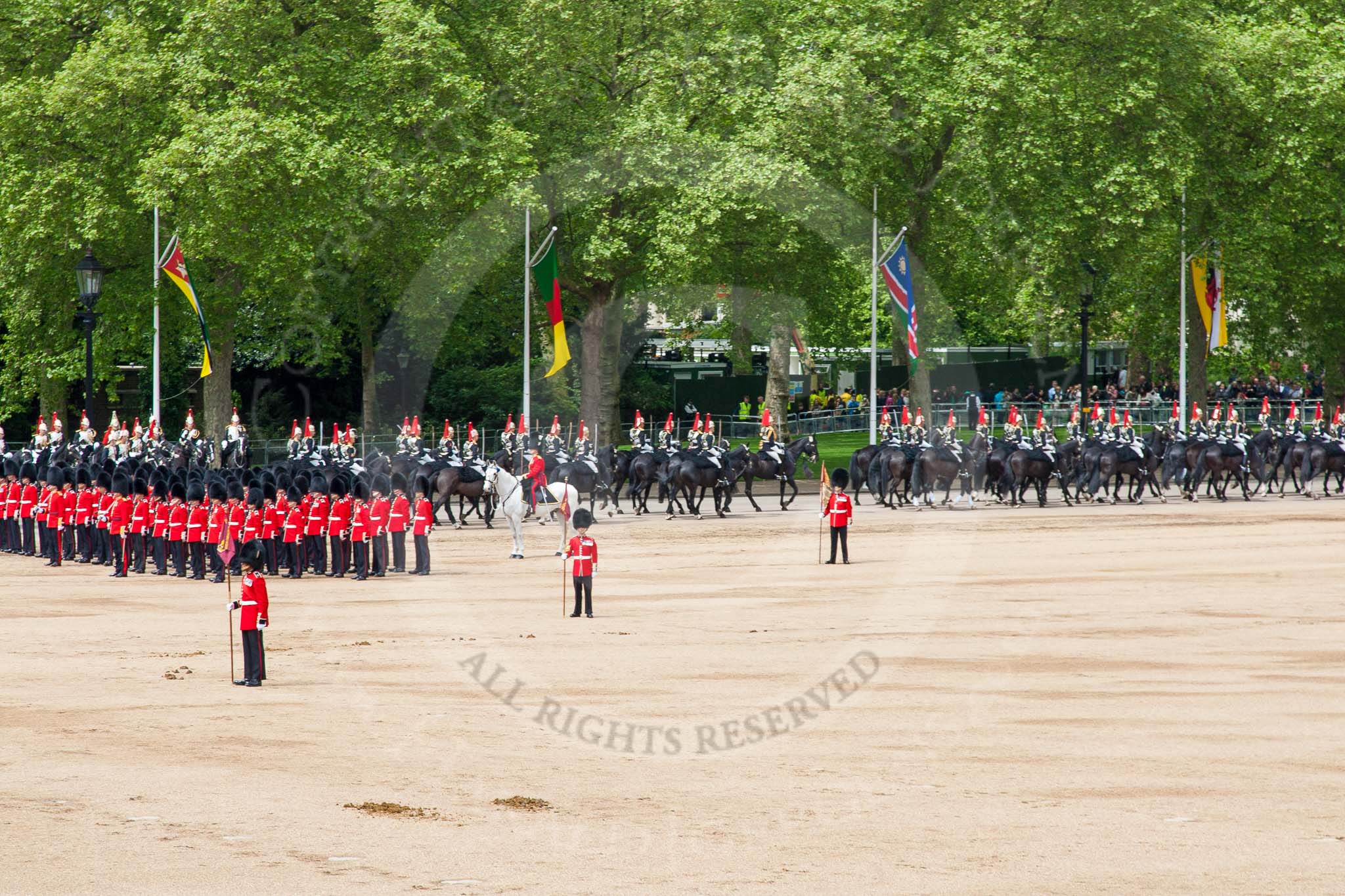 Major General's Review 2013: The Household Cavalry is marching off, led by the Field Officer of the Escort, Major Nick Stewart, The Life Guards, followed by the Trumpeter, Standard Bearer, Standard Coverer. and The Life Guards as first and second divisions of the Sovereign's Escort..
Horse Guards Parade, Westminster,
London SW1,

United Kingdom,
on 01 June 2013 at 12:04, image #693