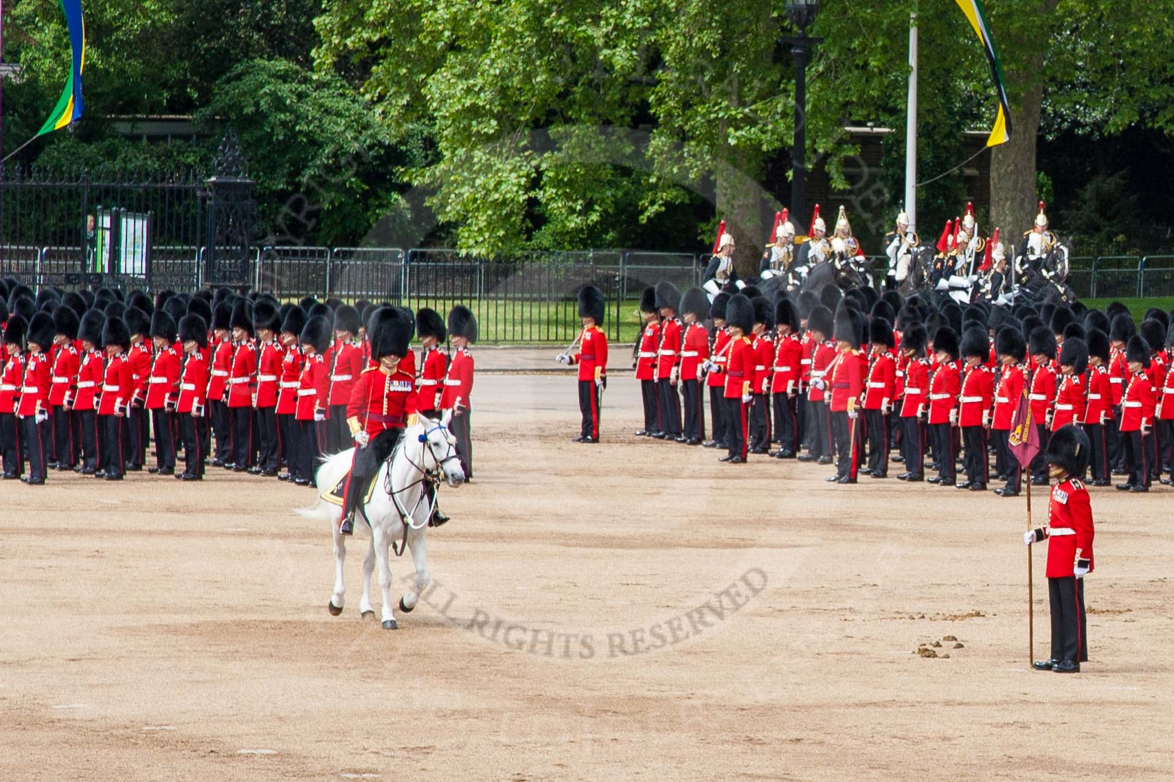 Major General's Review 2013: The Field Officer in Brigade Waiting, Lieutenant Colonel Dino Bossi, Welsh Guards, rides towards the dais to ask HM The Queen's permission to march off..
Horse Guards Parade, Westminster,
London SW1,

United Kingdom,
on 01 June 2013 at 12:04, image #694