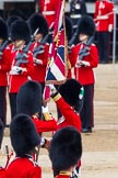 Major General's Review 2013: The Ensign, Second Lieutenant Joel Dinwiddle, takes posession of the Colour from the Regimental Sergeant Major, WO1 Martin Topps, Welsh Guards..
Horse Guards Parade, Westminster,
London SW1,

United Kingdom,
on 01 June 2013 at 11:19, image #402