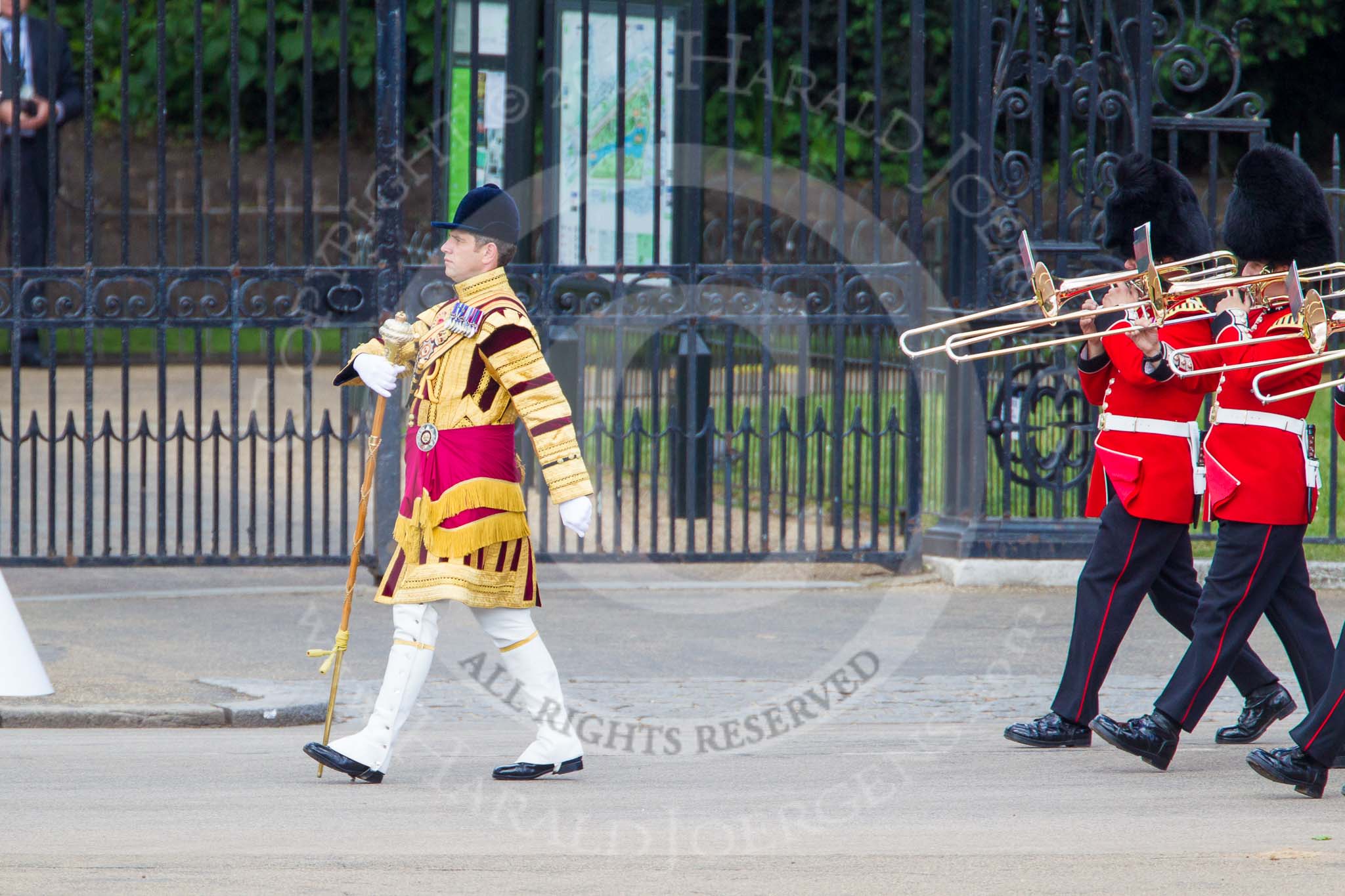 Trooping the Colour 2013: Senior Drum Major Matthew Betts, Grenadier Guards, leading the Band of the Coldstream Guards. Image #41, 15 June 2013 10:11 Horse Guards Parade, London, UK