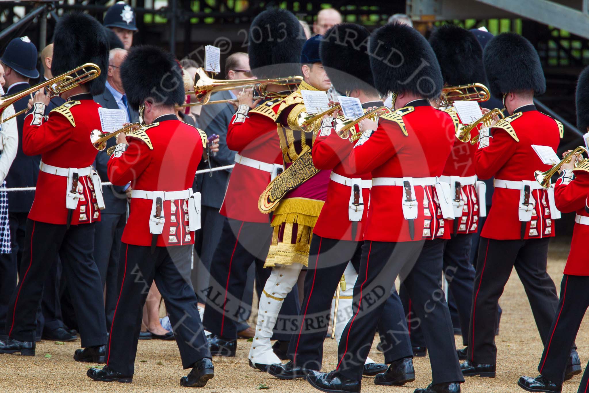 Trooping the Colour 2013: The Band of the Coldstream Guards about to change direction, Senior Drum Major Matthew Betts marching back between the lines of musicians. Image #46, 15 June 2013 10:13 Horse Guards Parade, London, UK