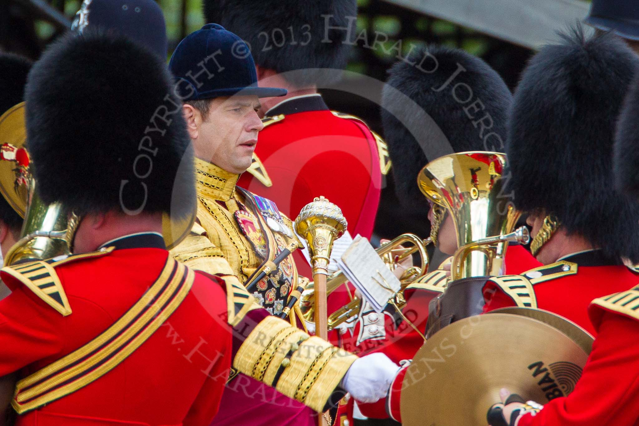 Trooping the Colour 2013: The Band of the Coldstream Guards about to change direction, Senior Drum Major Matthew Betts marching back between the lines of musicians. Image #47, 15 June 2013 10:13 Horse Guards Parade, London, UK