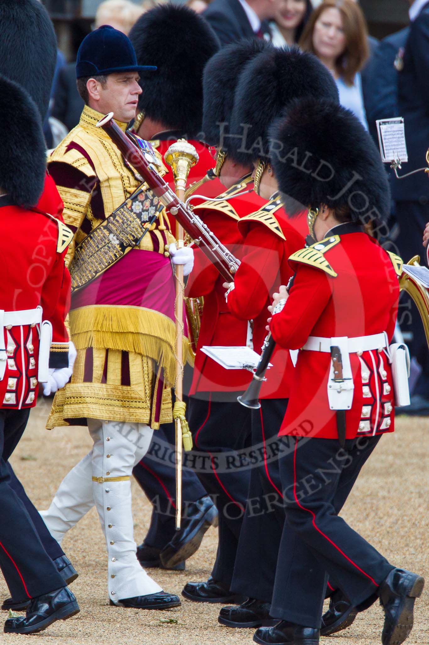 Trooping the Colour 2013: The Band of the Coldstream Guards about to change direction, Senior Drum Major Matthew Betts marching back between the lines of musicians. Image #48, 15 June 2013 10:13 Horse Guards Parade, London, UK