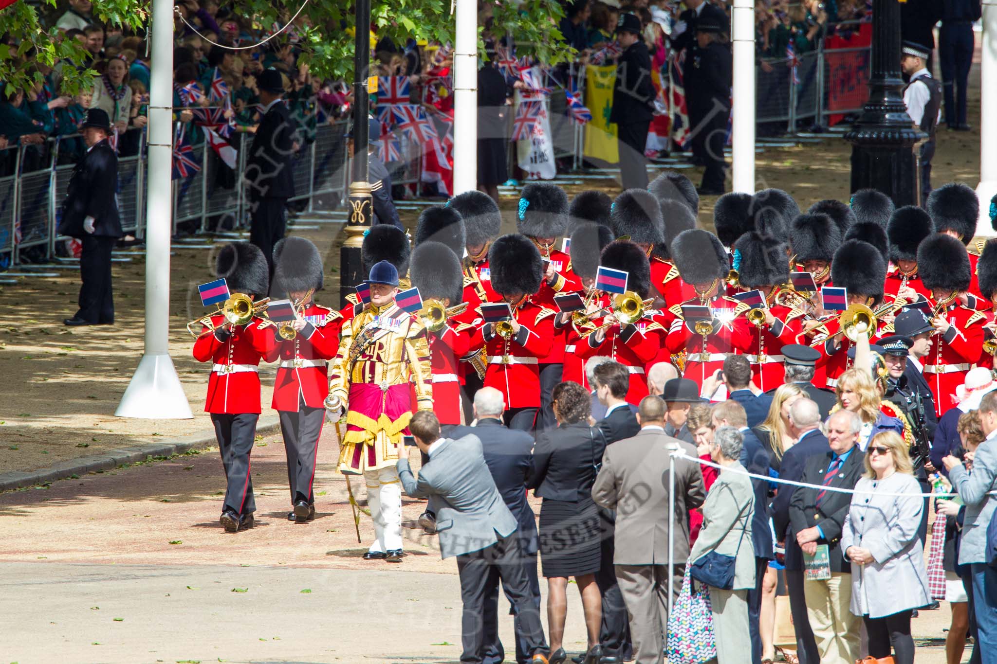 Trooping the Colour 2013: Drum Major Tony Taylor, Coldstream Guards, leading the second band to arrive at Horse Guards Parade, the Band of the Irish Guards. Image #49, 15 June 2013 10:13 Horse Guards Parade, London, UK