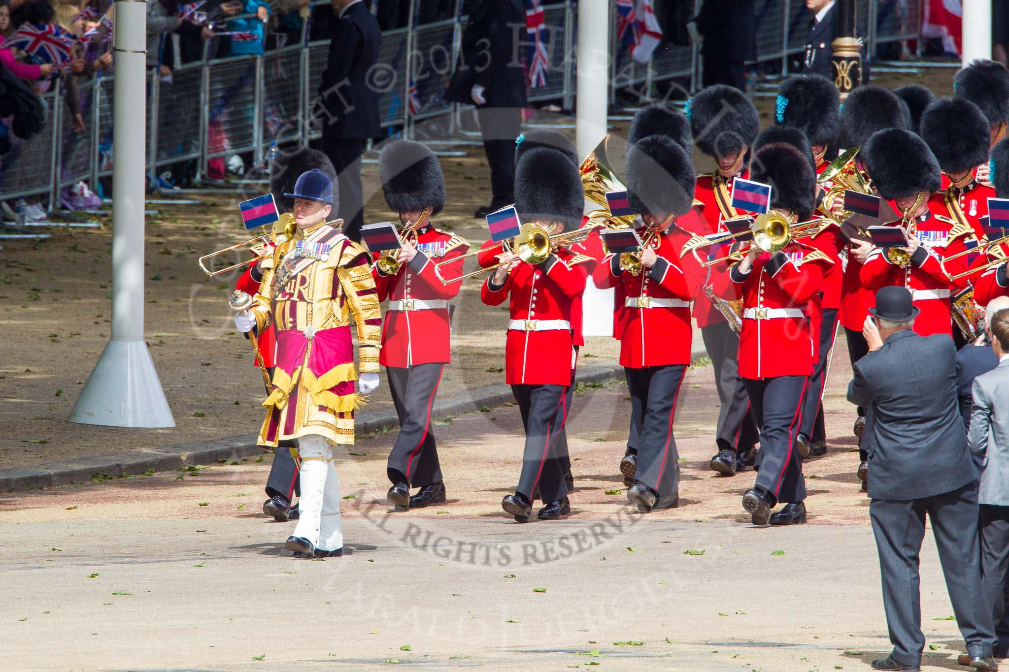 Trooping the Colour 2013: Drum Major Tony Taylor, Coldstream Guards, leading the second band to arrive at Horse Guards Parade, the Band of the Irish Guards. Image #50, 15 June 2013 10:14 Horse Guards Parade, London, UK