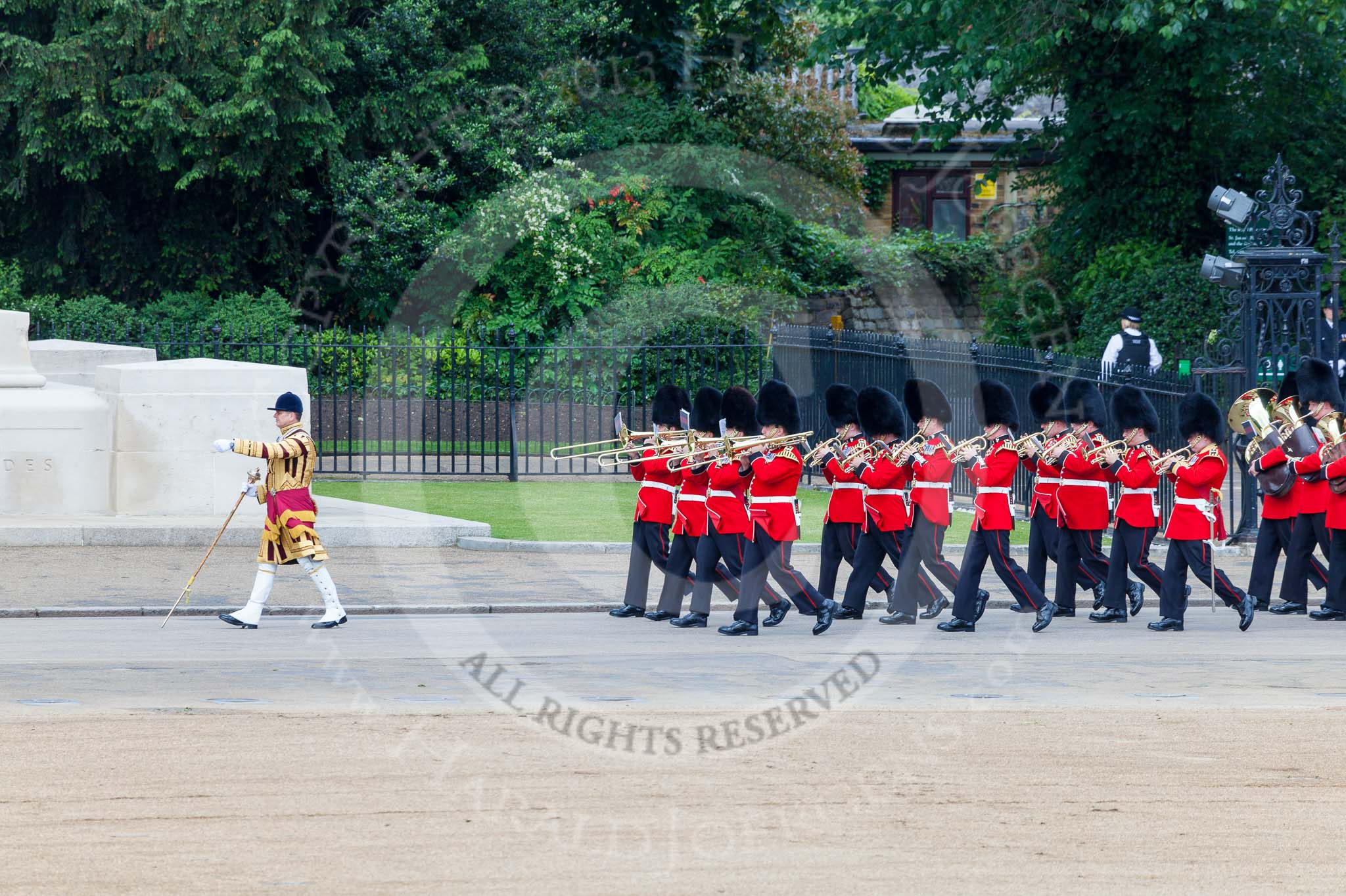 Trooping the Colour 2013: Drum Major Tony Taylor, Coldstream Guards, leading the second band to arrive at Horse Guards Parade, the Band of the Irish Guards, along the Guards Memorial. Image #51, 15 June 2013 10:14 Horse Guards Parade, London, UK