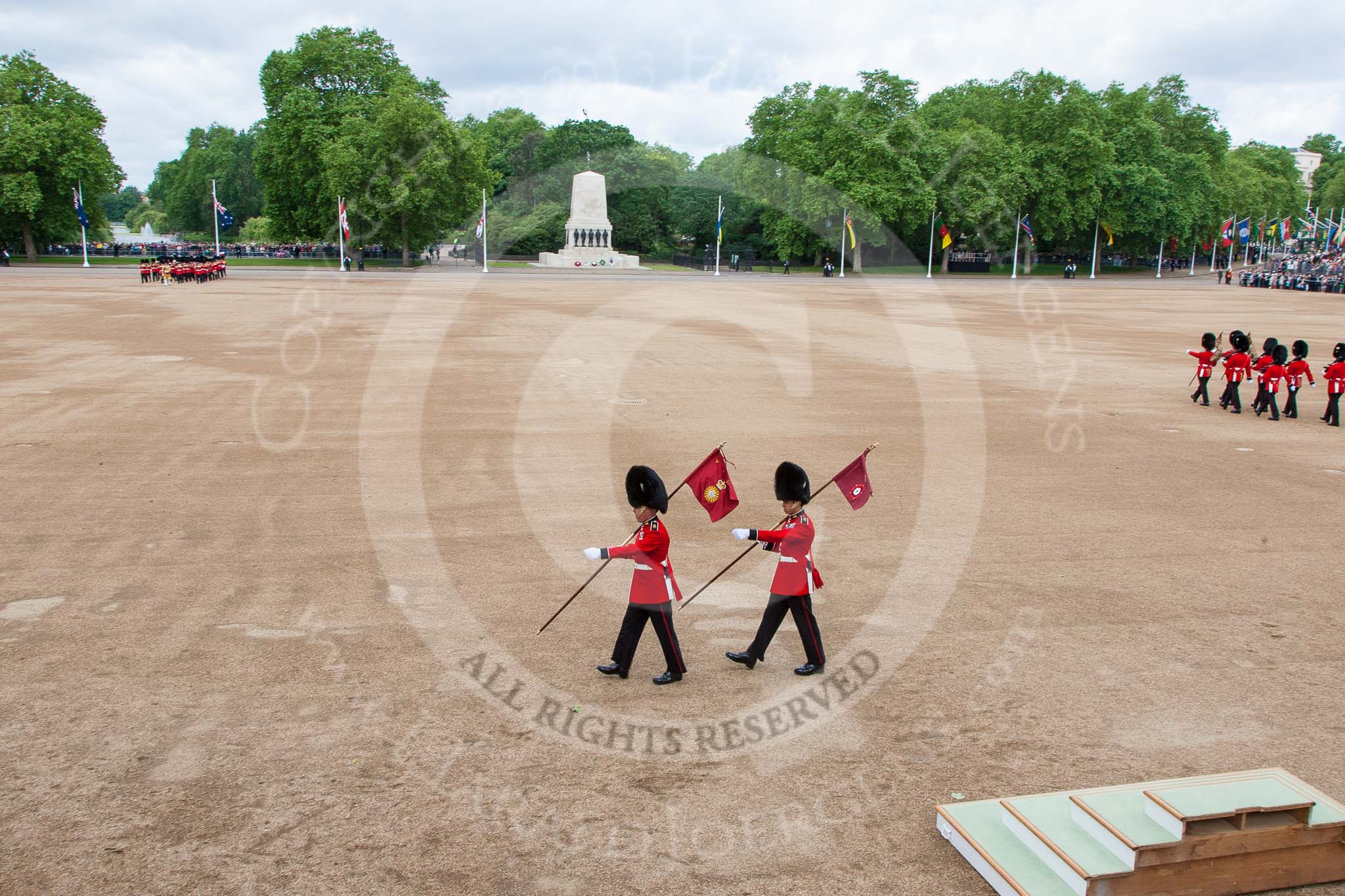 Trooping the Colour 2013: The Keepers of the Ground are marching back onto Horse Guards Parade, to mark the position of their regiments. The Band of the Irish Guards is turning onto Horse Guards Parade on the St James's Park side. Image #55, 15 June 2013 10:15 Horse Guards Parade, London, UK