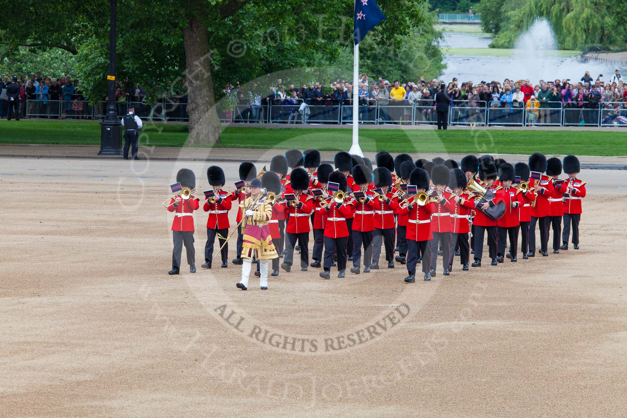Trooping the Colour 2013: Drum Major Tony Taylor, Coldstream Guards, leading the second band to arrive at Horse Guards Parade, the Band of the Irish Guards. Image #57, 15 June 2013 10:16 Horse Guards Parade, London, UK