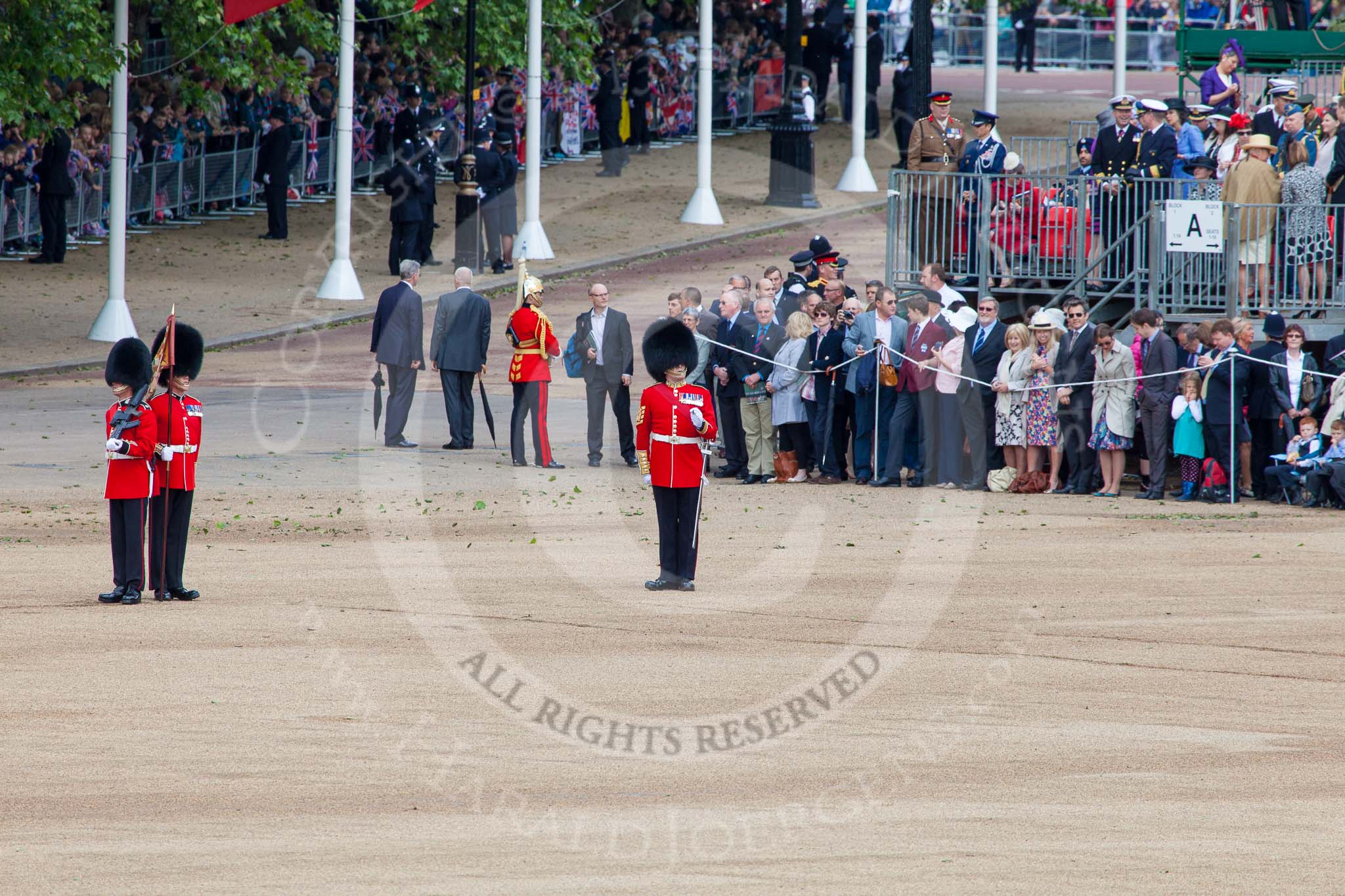 Trooping the Colour 2013: The Keepers of the Ground are in position, and WO1 Garrison Sergeant Major William 'Bill' Mott OBE MVO, Welsh Guards is making sure everything is in perfect order. Image #62, 15 June 2013 10:17 Horse Guards Parade, London, UK