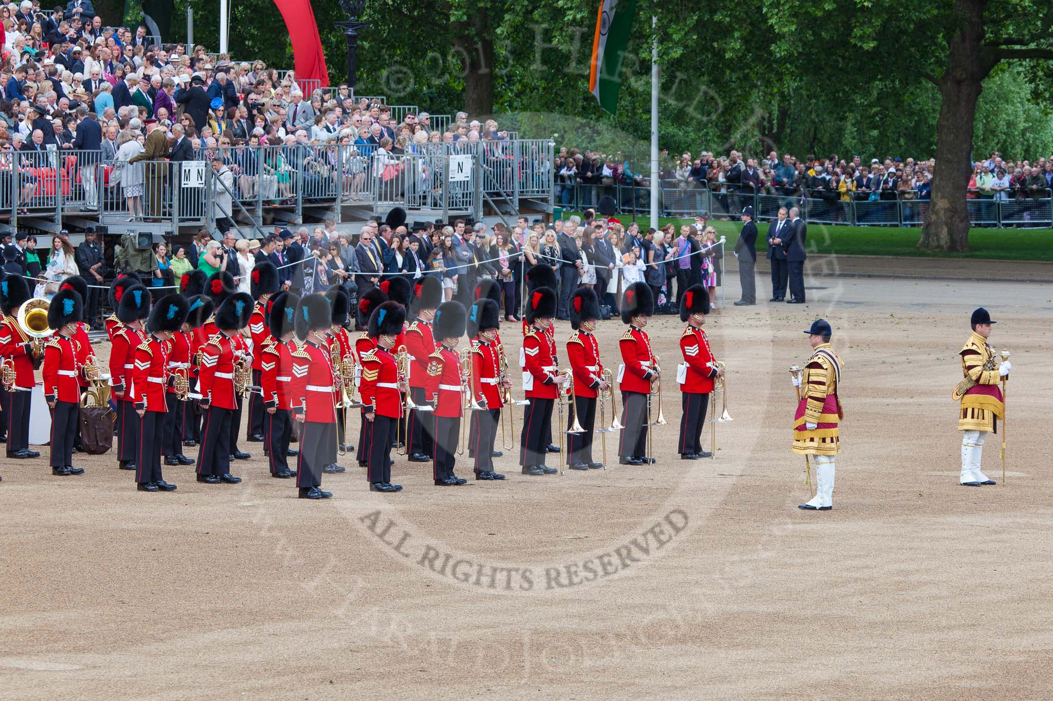 Trooping the Colour 2013: The Band of the Irish Guards, with the Blue plumes, and the Band of the Coldstream Guards, with red plumes. Image #63, 15 June 2013 10:17 Horse Guards Parade, London, UK