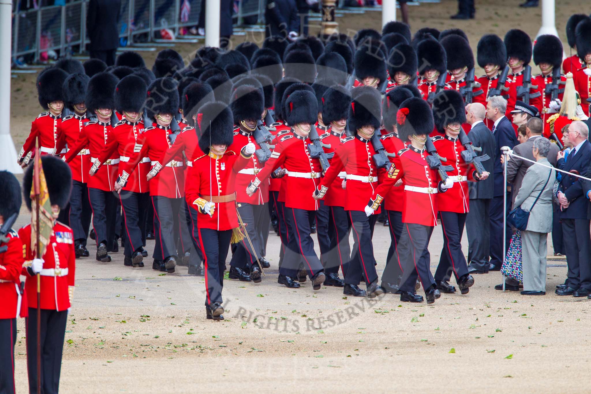 Trooping the Colour 2013: No. 6 Guard, No. 7 Company Coldstream Guards are arriving from The Mall, and turning left onto Horse Guards Parade. Image #71, 15 June 2013 10:22 Horse Guards Parade, London, UK