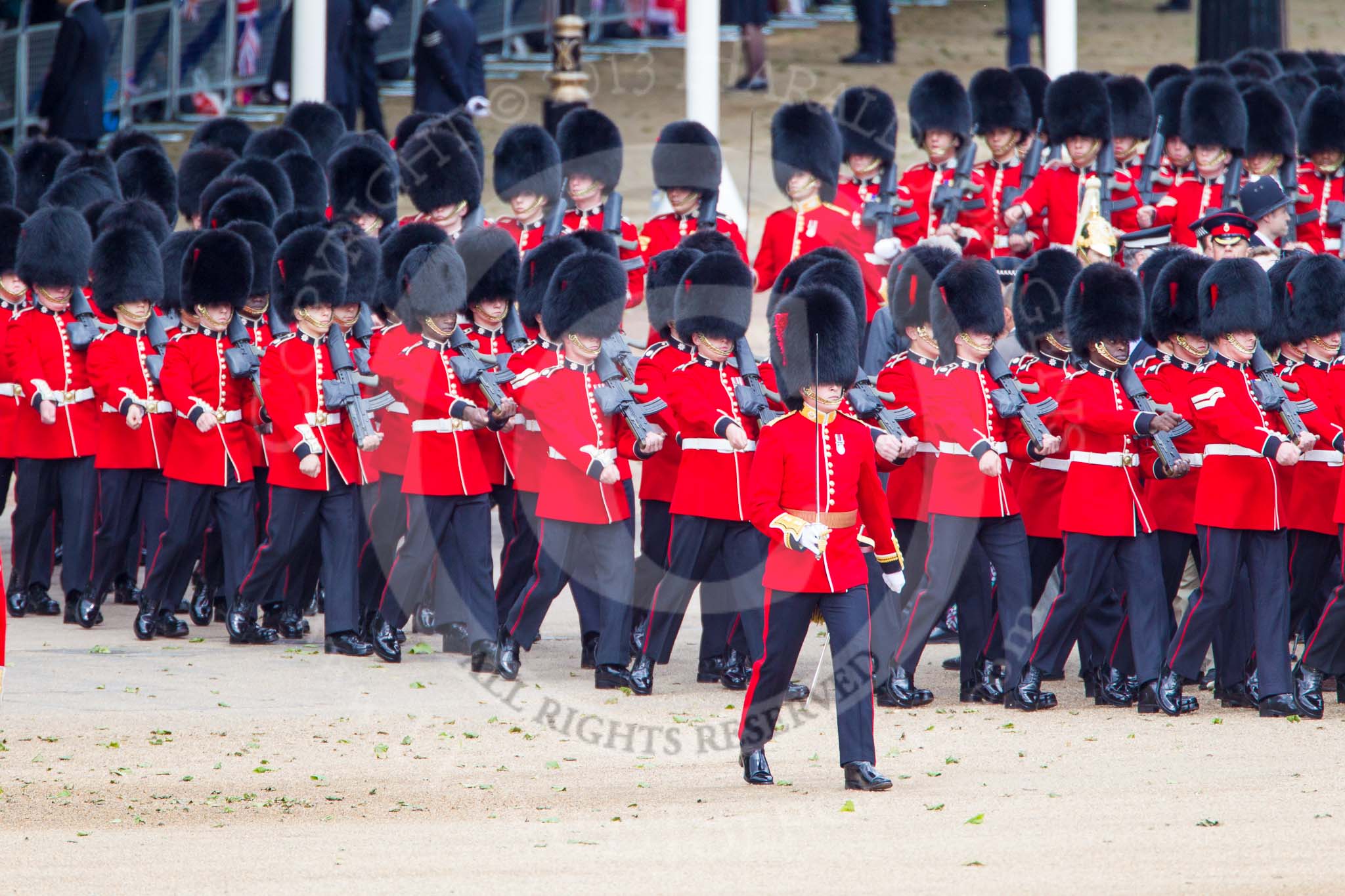 Trooping the Colour 2013: No. 6 Guard, No. 7 Company Coldstream Guards, is immediately followed by No. 5 Guard, F Company Scots Guards. Image #72, 15 June 2013 10:22 Horse Guards Parade, London, UK