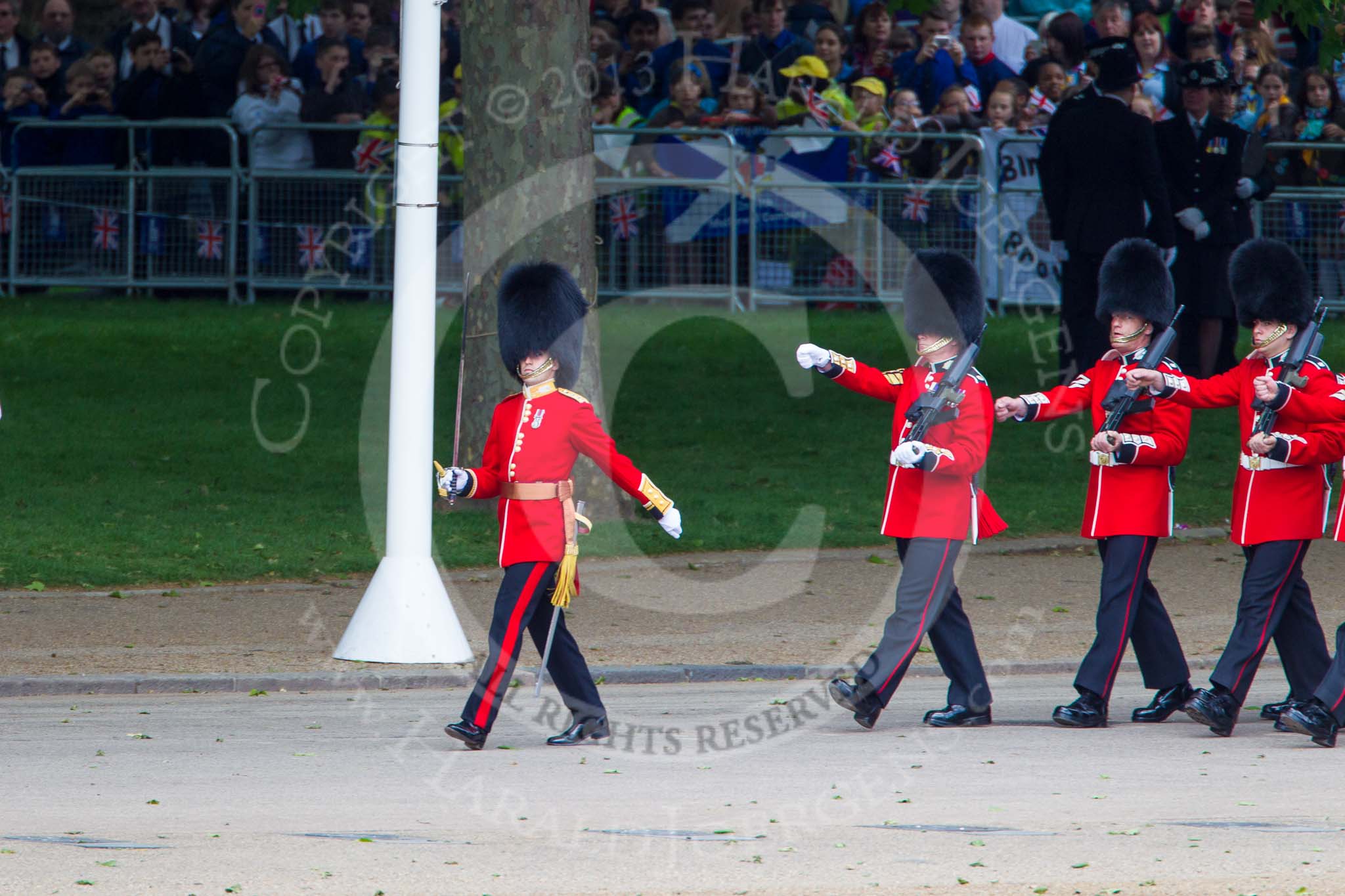 Trooping the Colour 2013: No. 5 Guard, F Company Scots Guards, is marching to their position on Horse Guards Parade. Image #74, 15 June 2013 10:22 Horse Guards Parade, London, UK