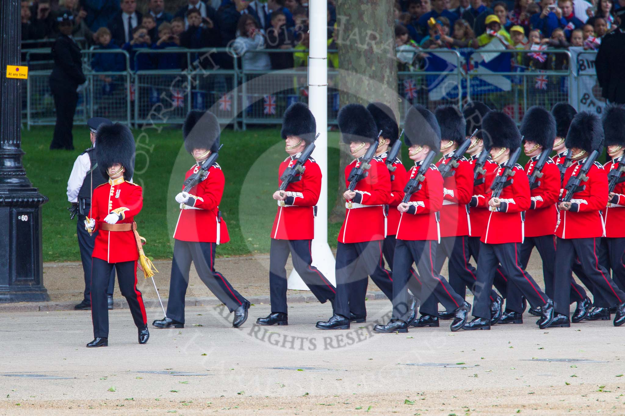 Trooping the Colour 2013: No. 5 Guard, F Company Scots Guards, is marching to their position on Horse Guards Parade. Image #75, 15 June 2013 10:22 Horse Guards Parade, London, UK