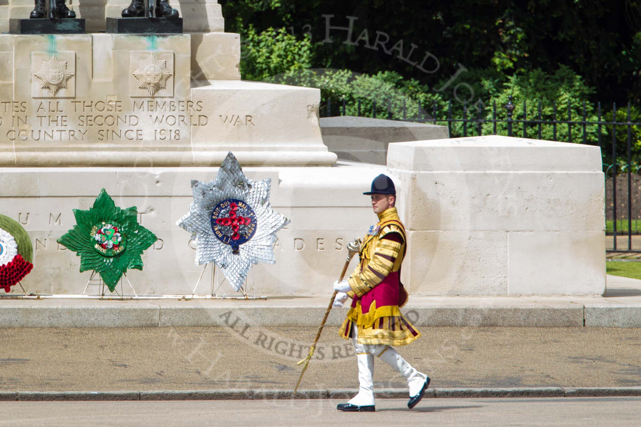 Trooping the Colour 2013: Drum Major D P Thomas, Grenadier Guards, marching along the Guards Memorial, leading the Band of the Grenadier Guards onto Horse Guards Parade. Image #90, 15 June 2013 10:27 Horse Guards Parade, London, UK