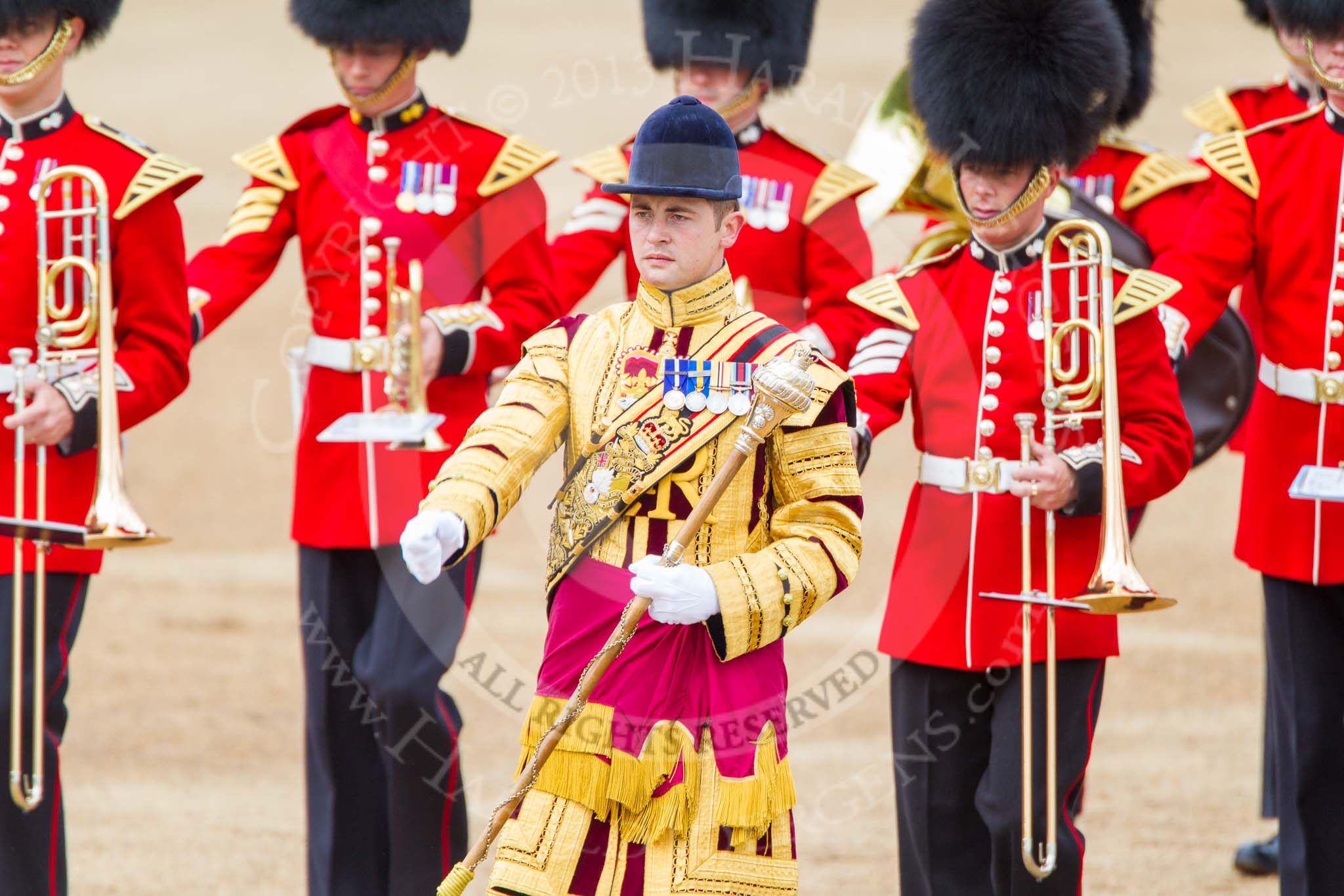 Trooping the Colour 2013: Drum Major D P Thomas, Grenadier Guards, leading the Band of the Grenadier Guards onto Horse Guards Parade..
Horse Guards Parade, Westminster,
London SW1,

United Kingdom,
on 15 June 2013 at 10:29, image #97