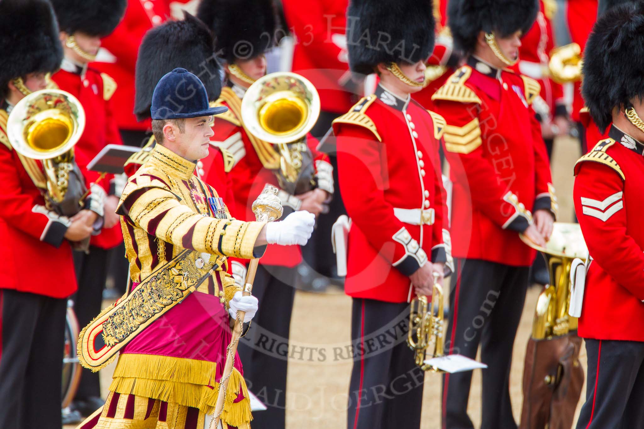 Trooping the Colour 2013: Drum Major D P Thomas, Grenadier Guards, in front of the Band of the Grenadier Guards and next the Band of the Scots Guards seen in the photo. Image #101, 15 June 2013 10:29 Horse Guards Parade, London, UK