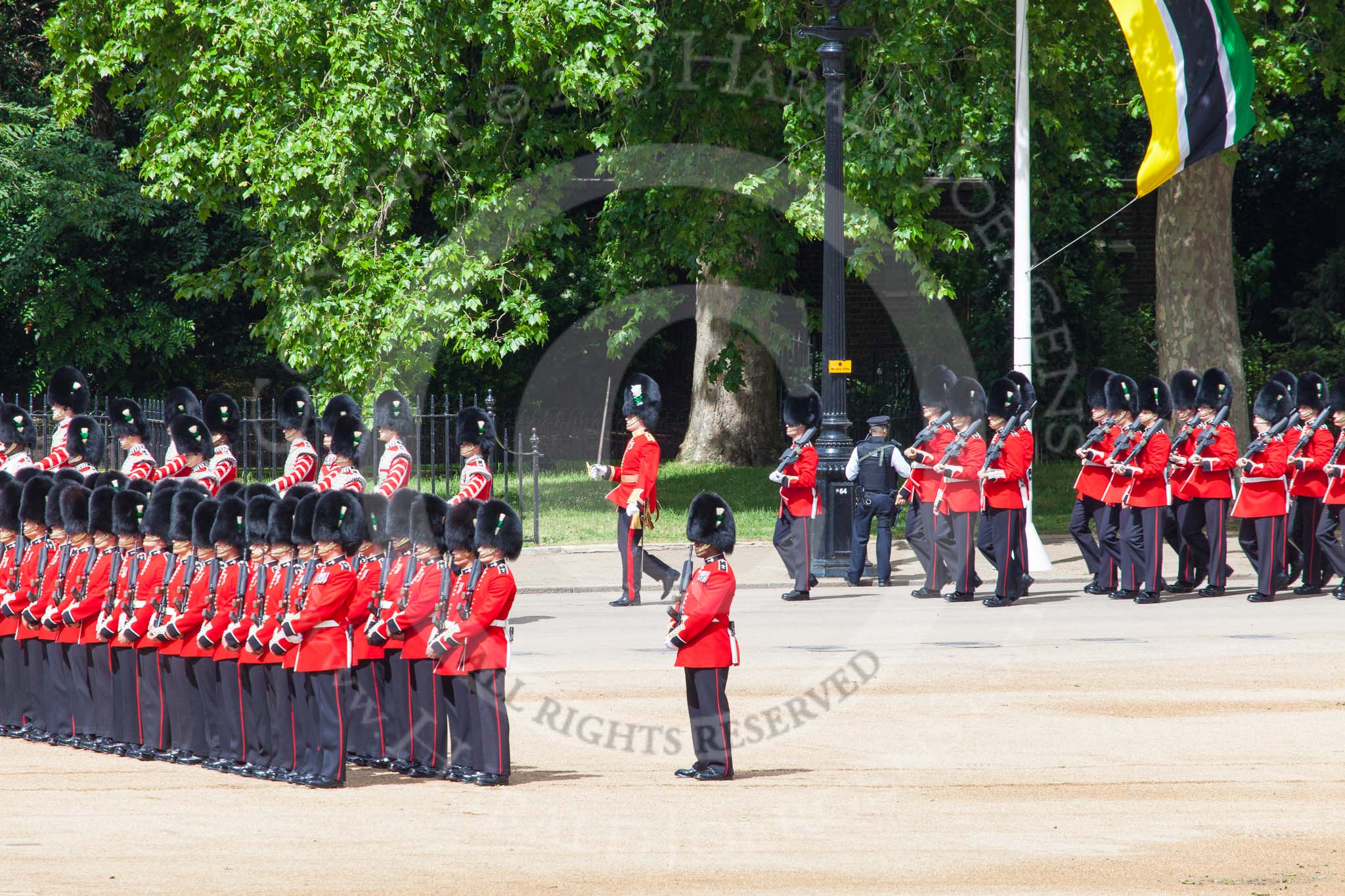 Trooping the Colour 2013: The Band of the Welsh Guards is marching along the St James's Park side of Horse Guards parade, here passing No. 3 Guard, , 1st Battalion Welsh Guards. The musicians are followed by No. 2 Guard, , 1st Battalion Welsh Guards. Image #105, 15 June 2013 10:30 Horse Guards Parade, London, UK