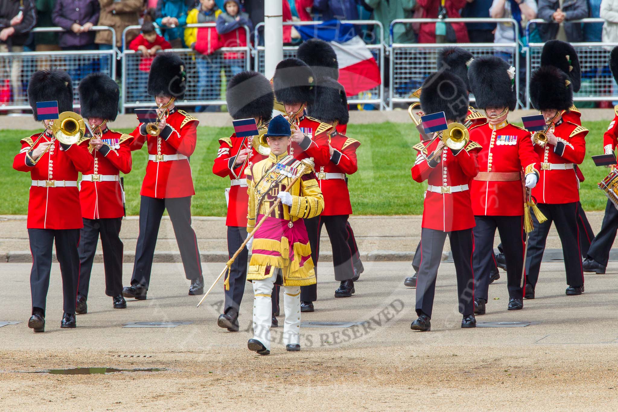 Trooping the Colour 2013: Drum Major Neill Lawman, Welsh Guards, leading the Band of the Welsh Guards onto Horse Guards Parade, along the line of spectators at St James's Park. Image #111, 15 June 2013 10:31 Horse Guards Parade, London, UK